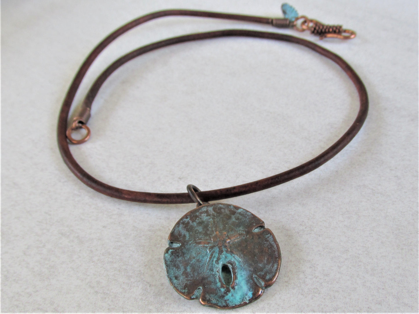Copper Sand Dollar Pendant Necklace, Eco-Friendly Boho Unisex Surfer Style Leather Necklace