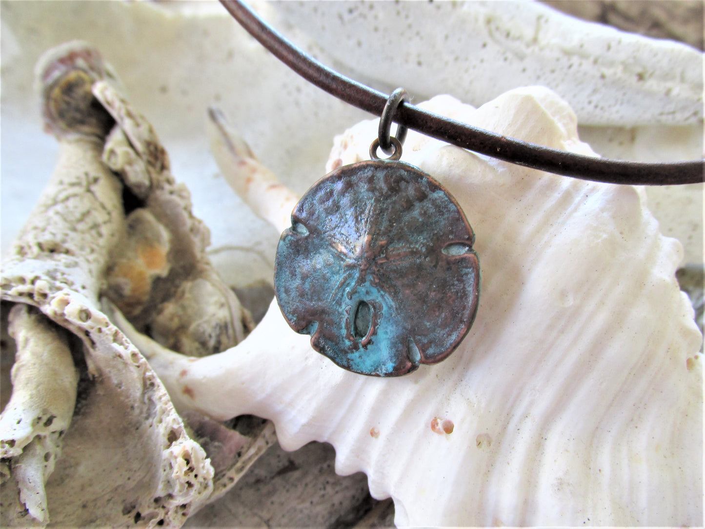 Copper Sand Dollar Pendant Necklace, Eco-Friendly Boho Unisex Surfer Style Leather Necklace