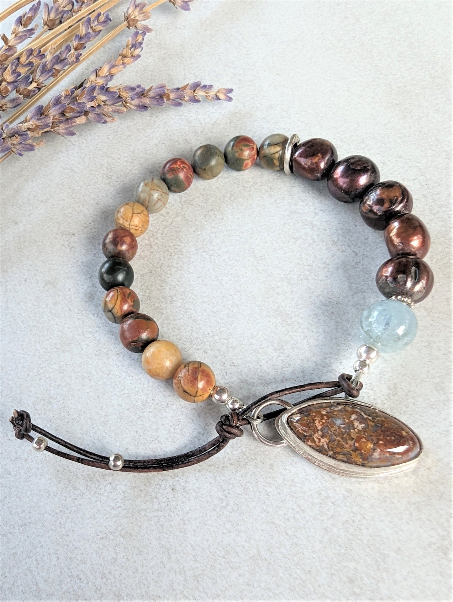 Bohemian Red Creek Jasper Bracelet with Brown Pearls and Aquamarine, and Petrified Palm Button and Leather Closure