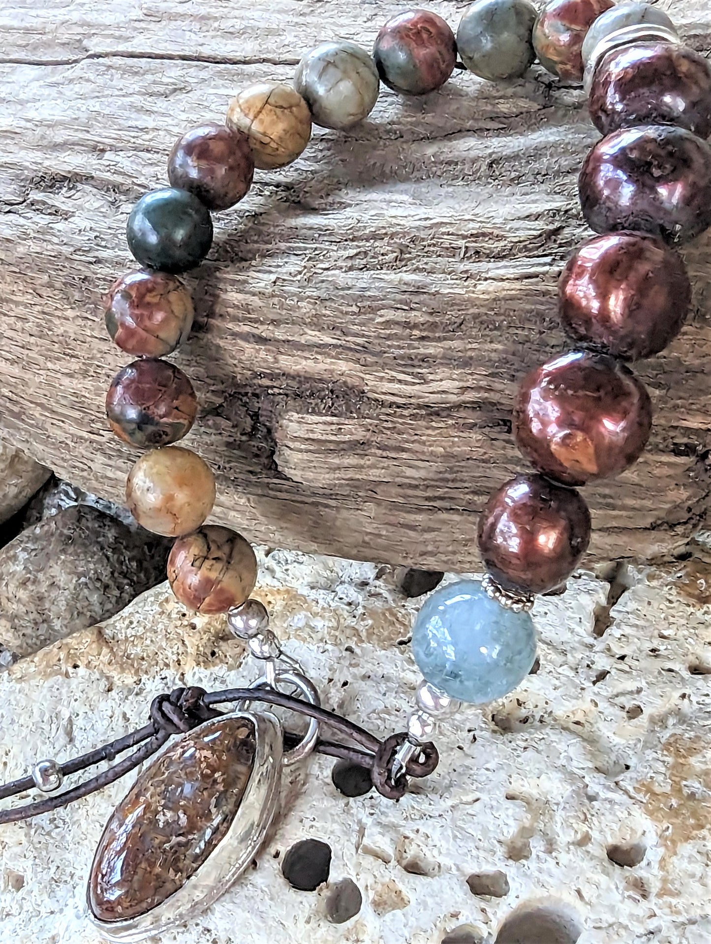 Bohemian Red Creek Jasper Bracelet with Brown Pearls and Aquamarine, and Petrified Palm Button and Leather Closure