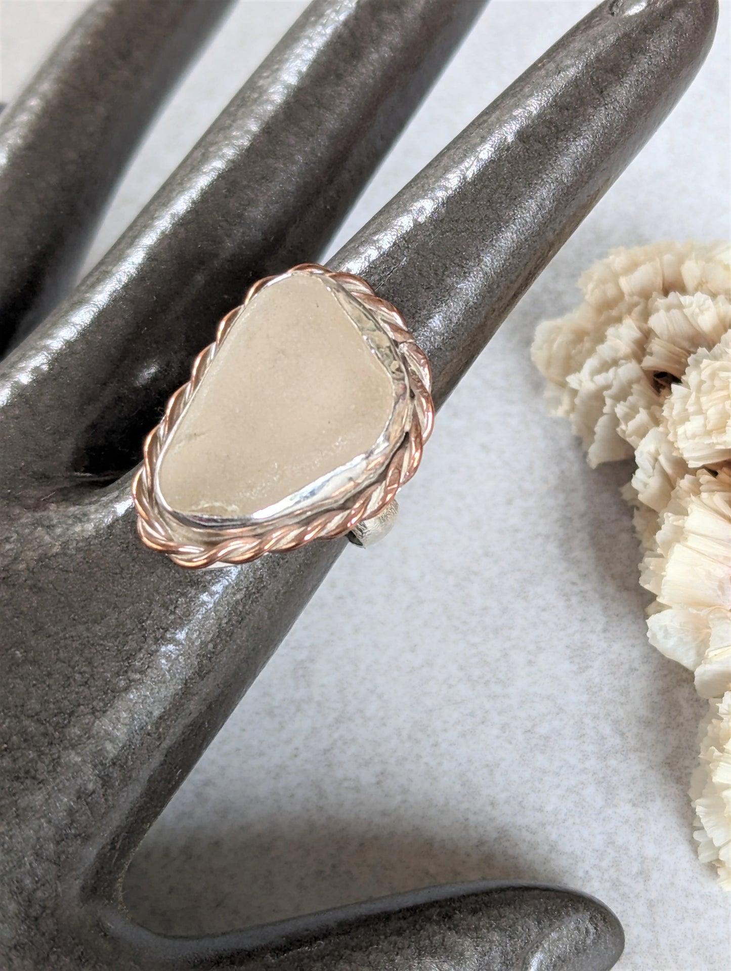Frosted Clear Beach Glass and Silver Statement Ring with Copper Accent
