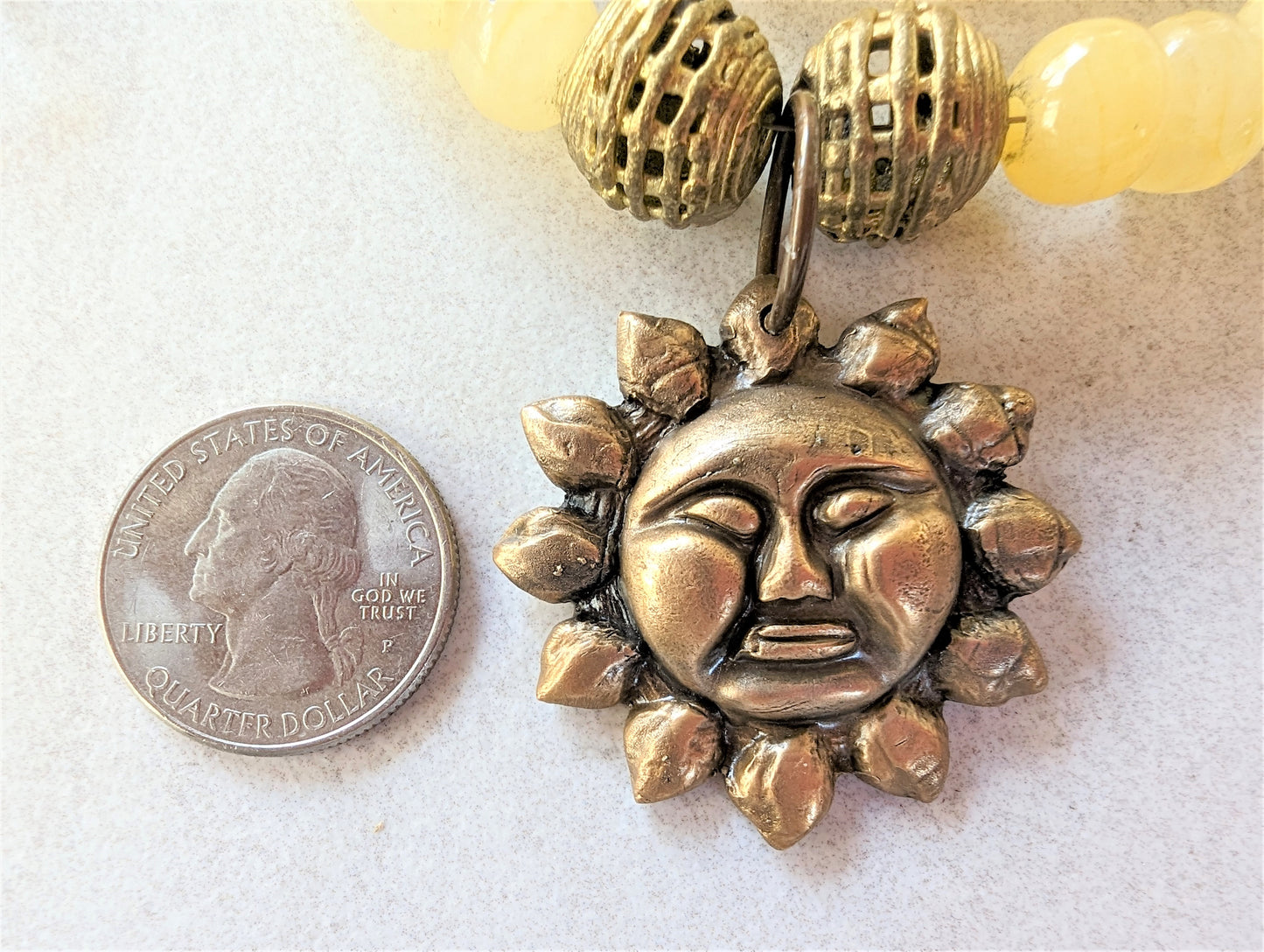 Big Bold Bronze Sun Face Pendant on Vintage Yellow Alabaster Bead Necklace, Bohemian Artisan Statement Necklace