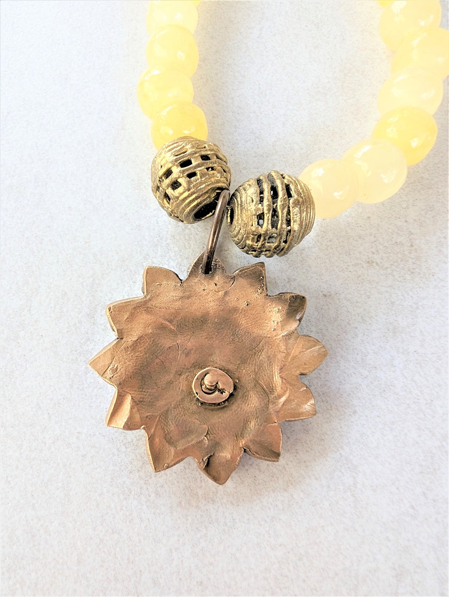 Big Bold Bronze Sun Face Pendant on Vintage Yellow Alabaster Bead Necklace, Bohemian Artisan Statement Necklace