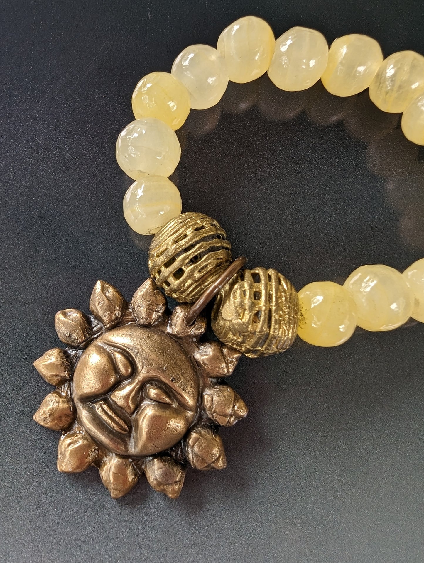 Big Bold Bronze Sun Face Pendant on Vintage Yellow Alabaster Bead Necklace, Bohemian Artisan Statement Necklace