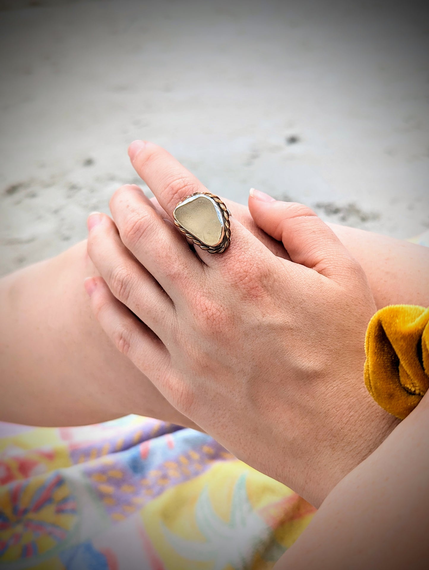Frosted Clear Beach Glass and Silver Statement Ring with Copper Accent