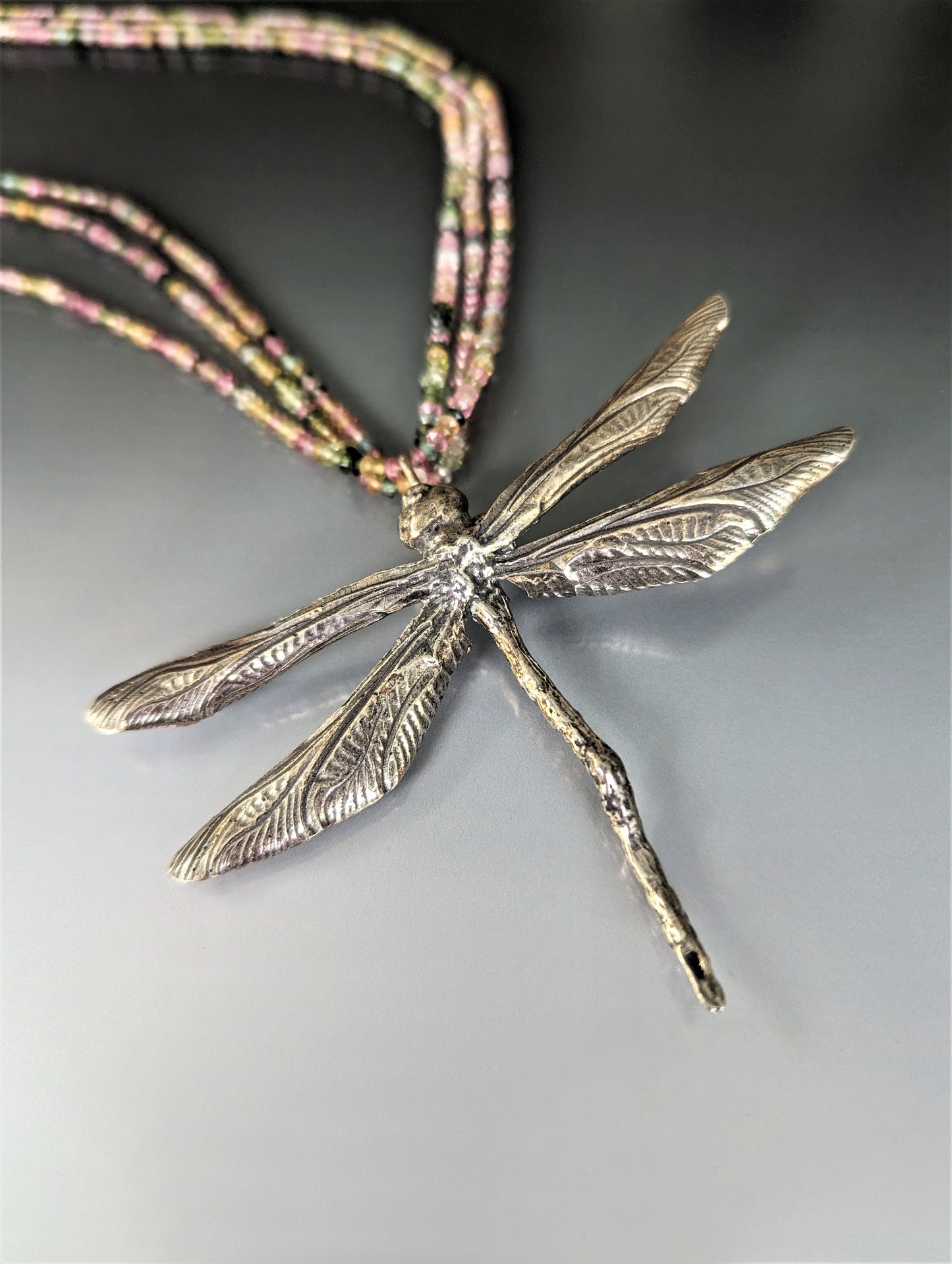 Statement Real Silver Dragonfly Pendant on Triple Strand Rainbow Tourmaline Necklace, Eco-Friendly Boho Nature Jewelry