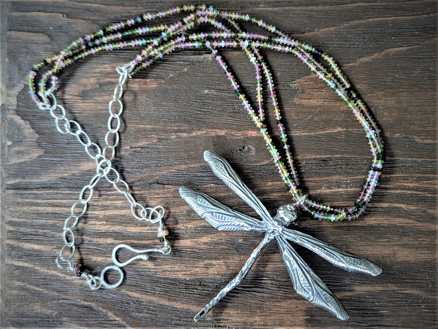 Statement Real Silver Dragonfly Pendant on Triple Strand Rainbow Tourmaline Necklace, Eco-Friendly Boho Nature Jewelry