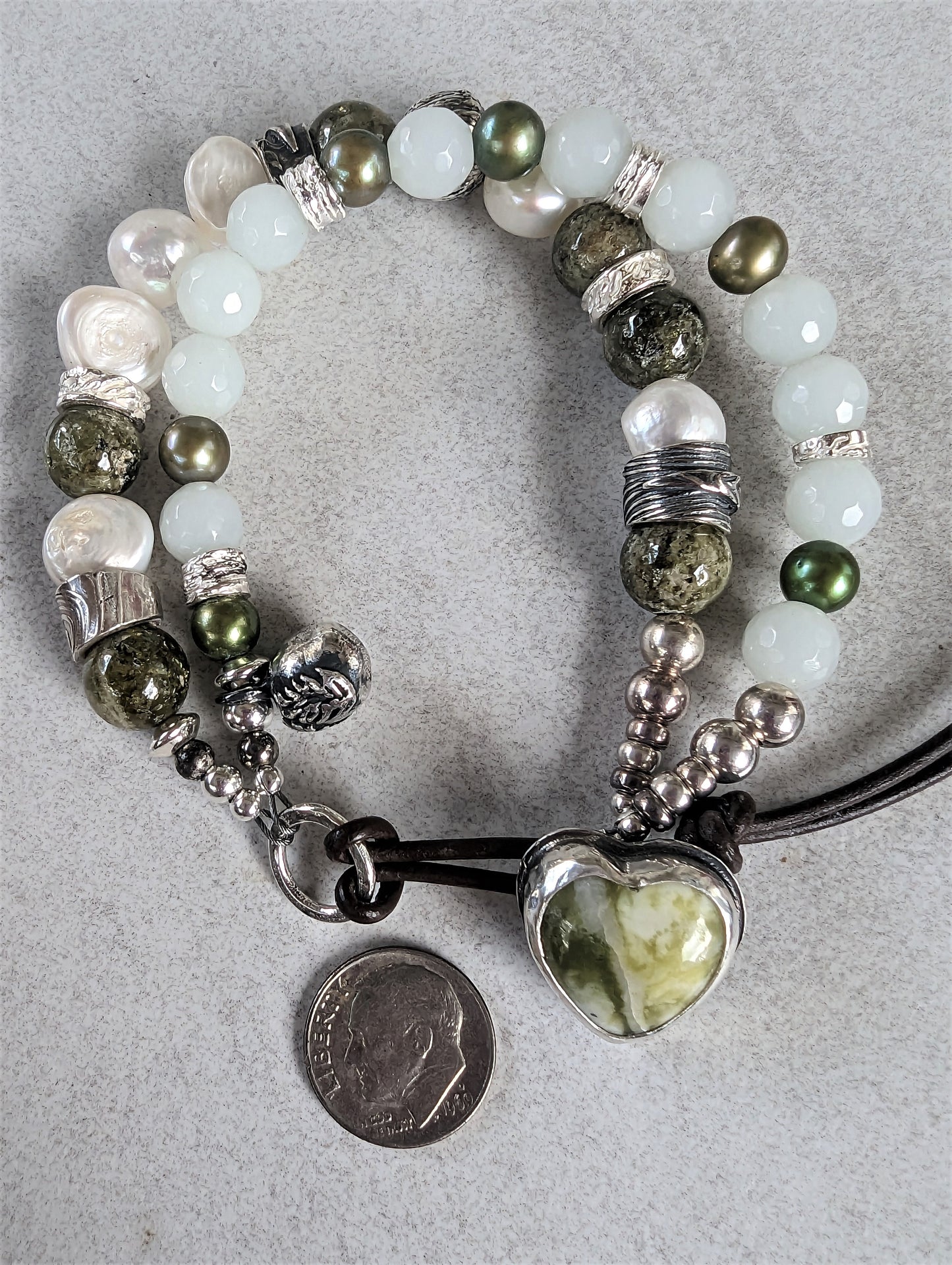 Scottish Marble Button Bracelet with Pearls, Green Garnet, New Jade and Handmade Silver Beads