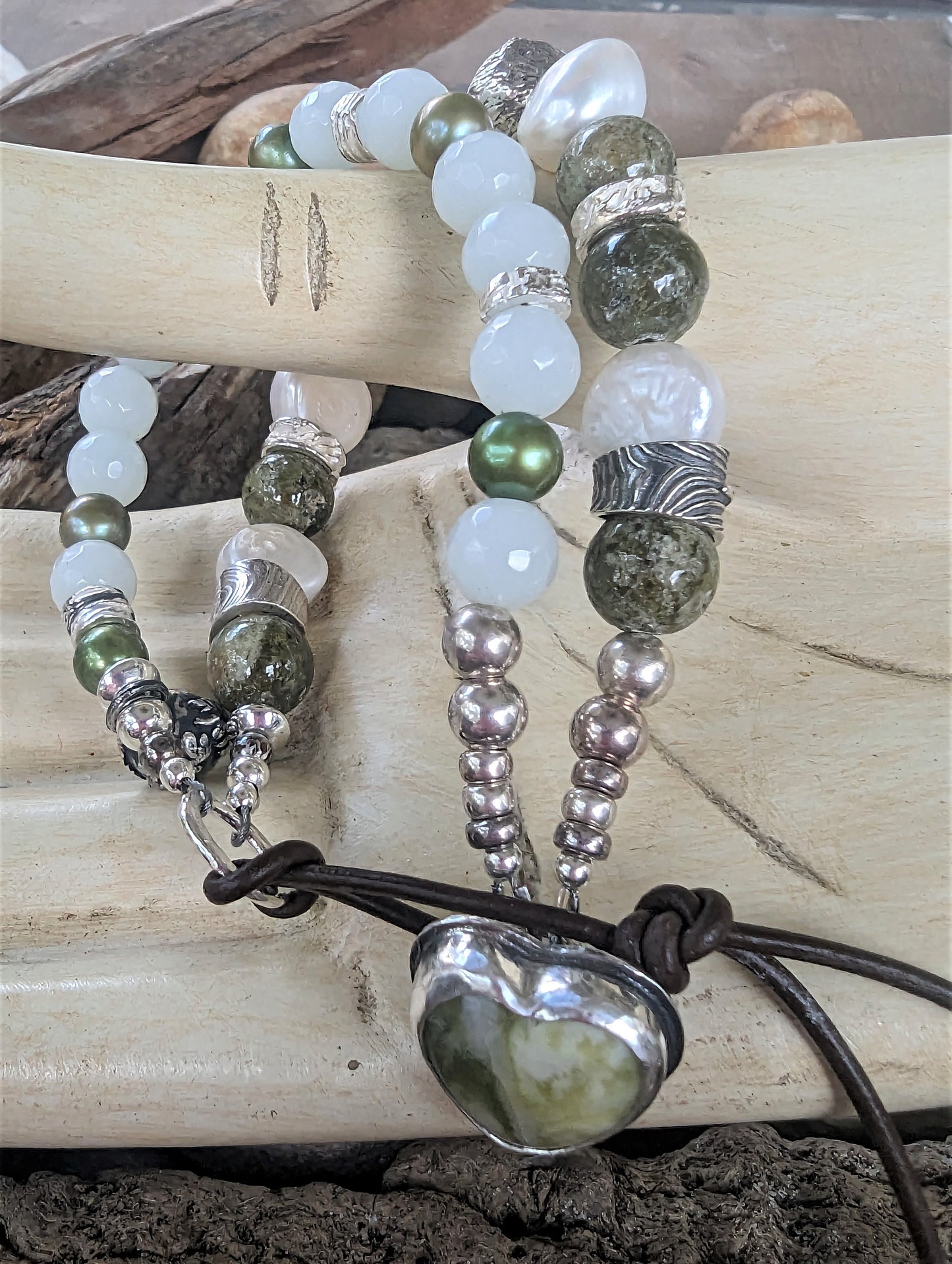 Scottish Marble Button Bracelet with Pearls, Green Garnet, New Jade and Handmade Silver Beads