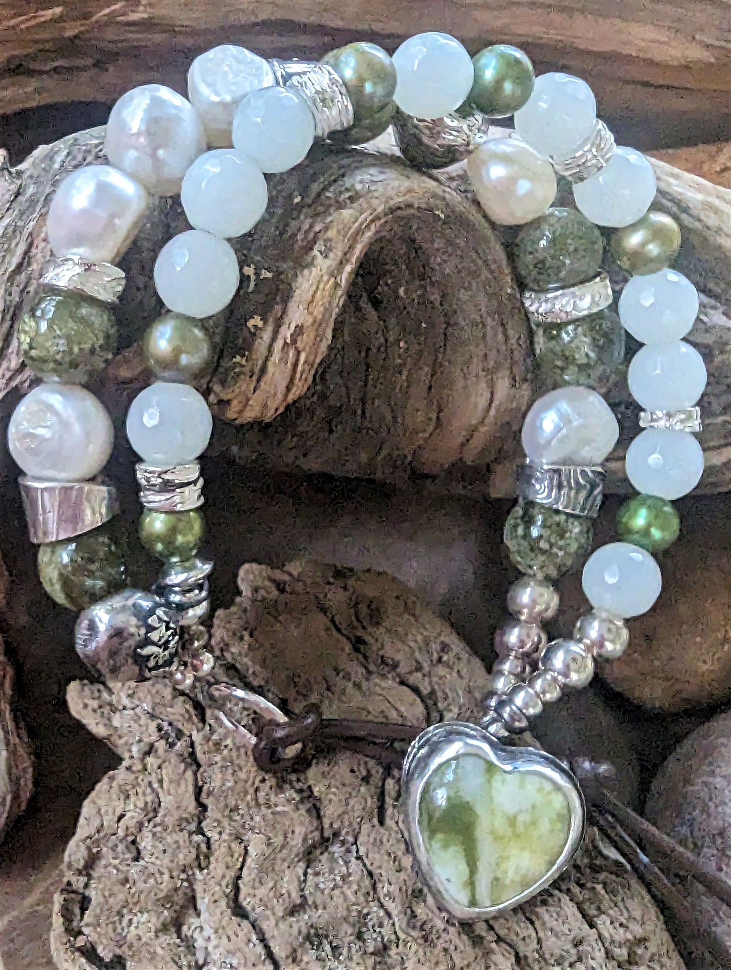 Scottish Marble Button Bracelet with Pearls, Green Garnet, New Jade and Handmade Silver Beads