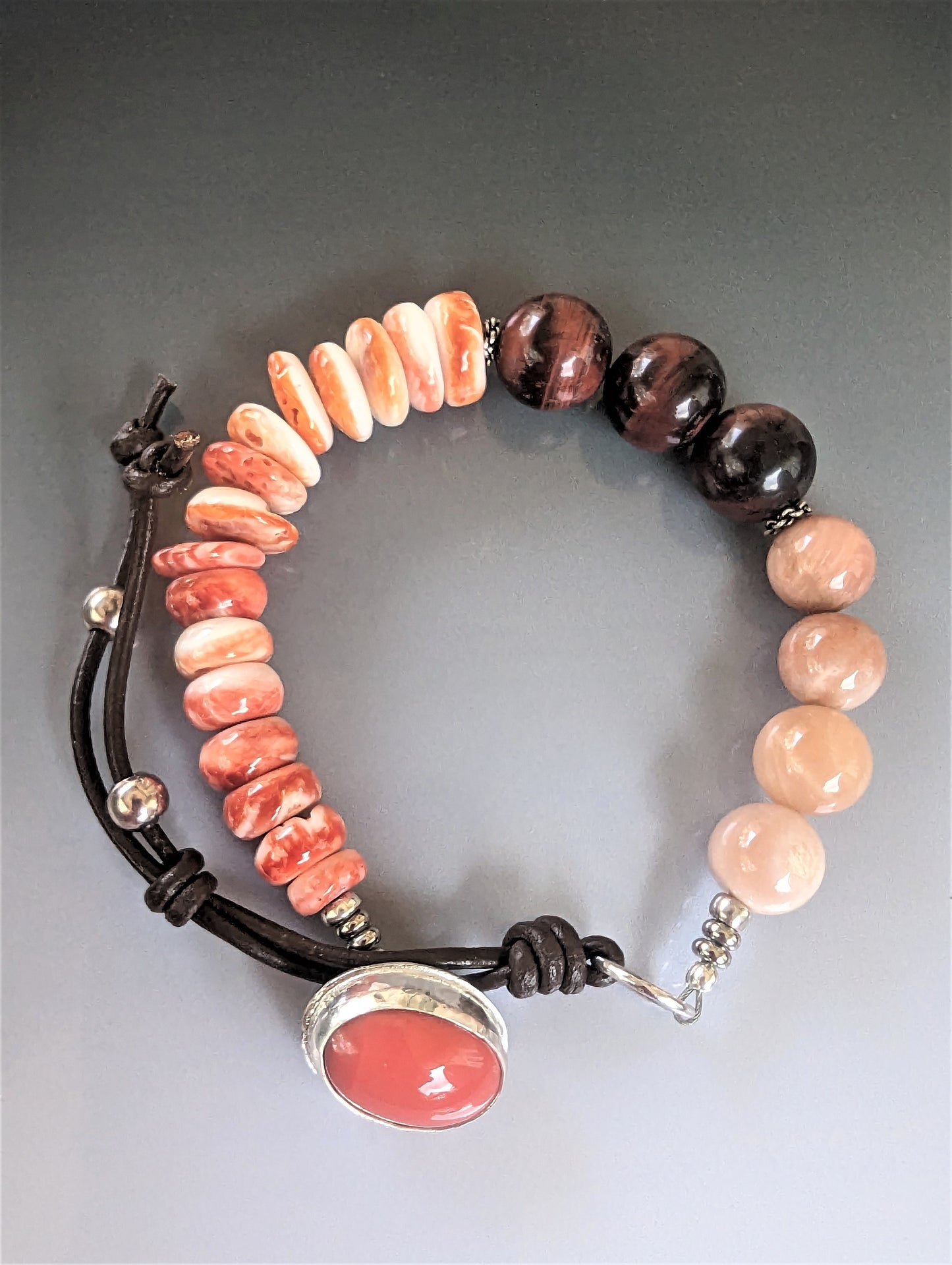 Coral, Spiny Oyster, Red Tigers Eye, Peach Moonstone, Silver and Leather Bracelet, Trendy Boho Unisex Beaded Bracelet