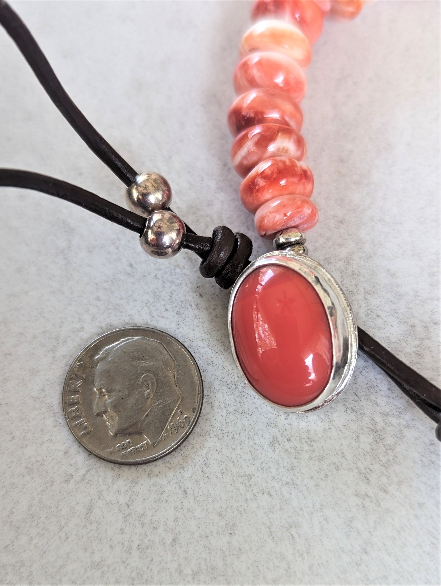 Coral, Spiny Oyster, Red Tigers Eye, Peach Moonstone, Silver and Leather Bracelet, Trendy Boho Unisex Beaded Bracelet