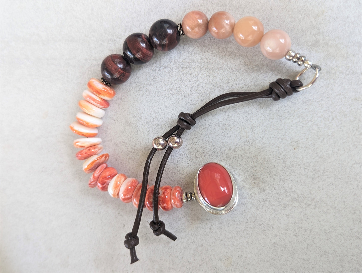 Coral, Spiny Oyster, Red Tigers Eye, Peach Moonstone, Silver and Leather Bracelet, Trendy Boho Unisex Beaded Bracelet