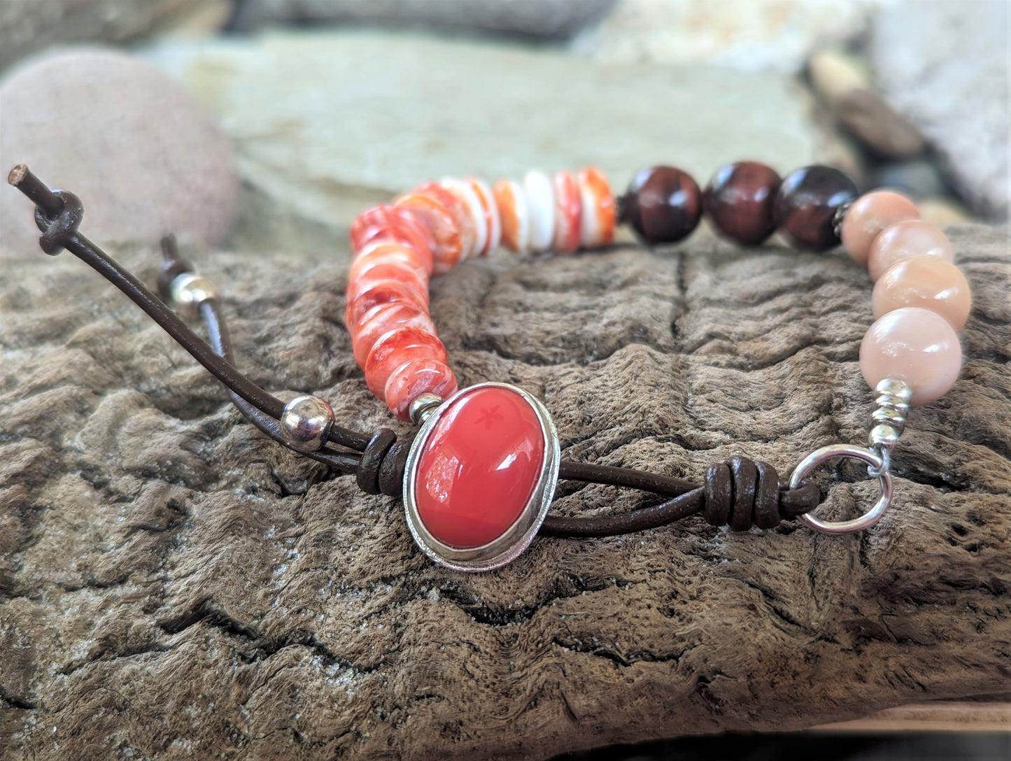 Coral, Spiny Oyster, Red Tigers Eye, Peach Moonstone, Silver and Leather Bracelet, Trendy Boho Unisex Beaded Bracelet