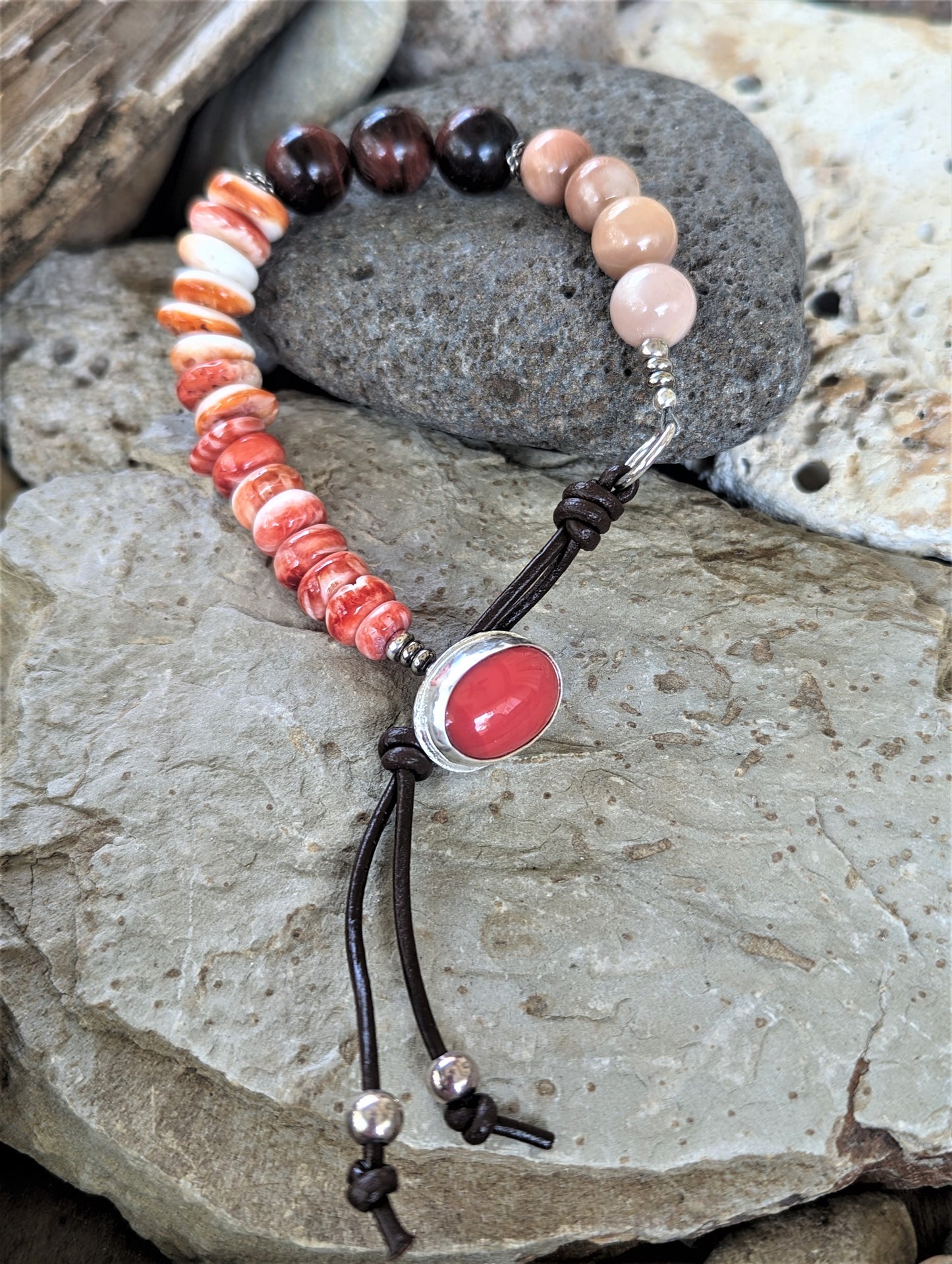 Coral, Spiny Oyster, Red Tigers Eye, Peach Moonstone, Silver and Leather Bracelet, Trendy Boho Unisex Beaded Bracelet