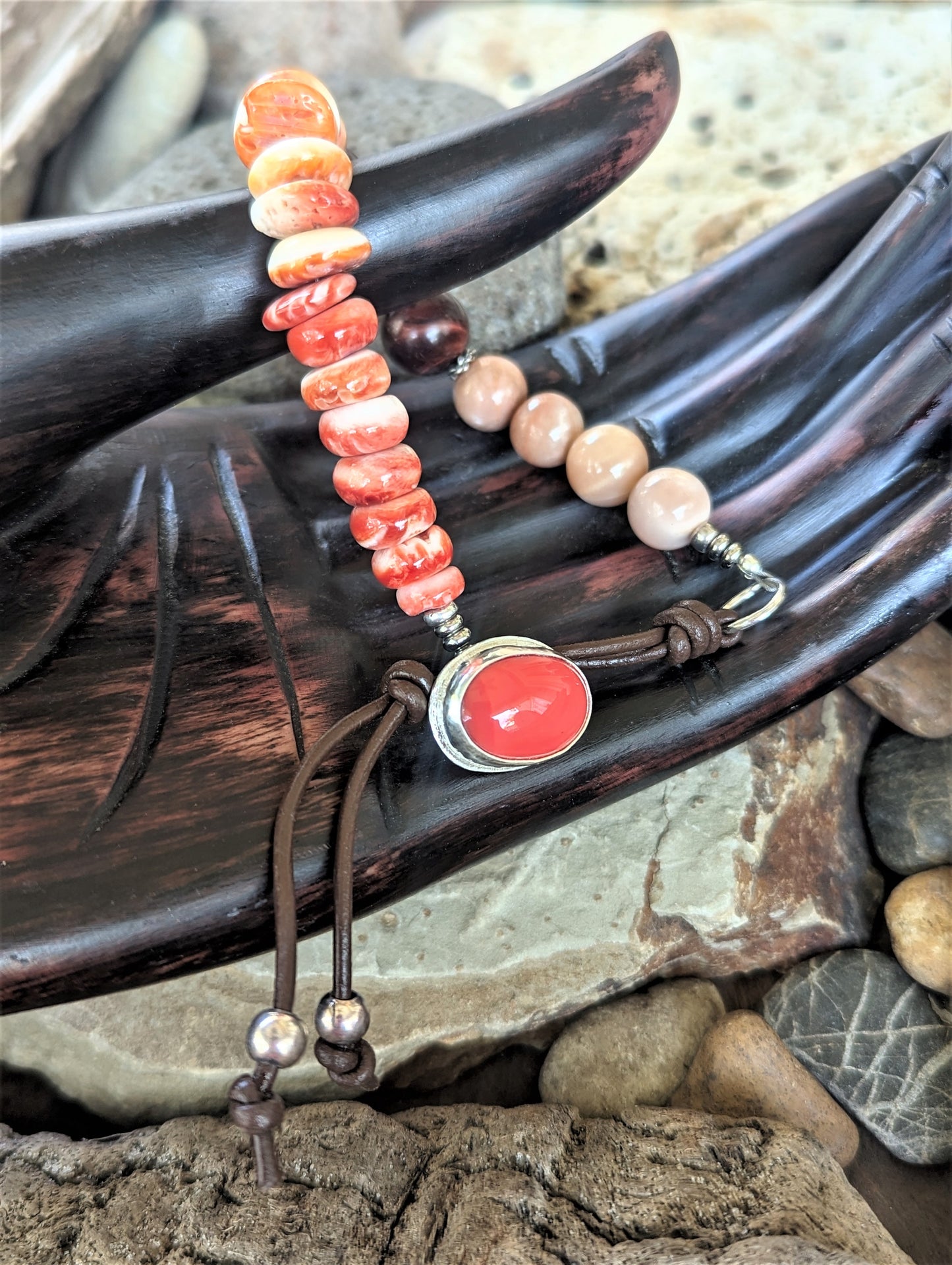 Coral, Spiny Oyster, Red Tigers Eye, Peach Moonstone, Silver and Leather Bracelet, Trendy Boho Unisex Beaded Bracelet