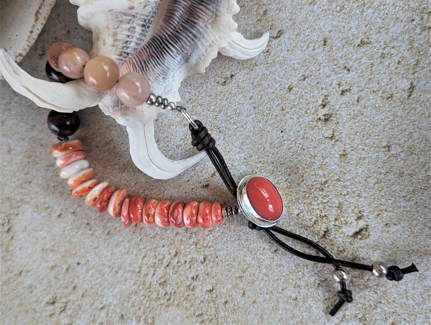 Coral, Spiny Oyster, Red Tigers Eye, Peach Moonstone, Silver and Leather Bracelet, Trendy Boho Unisex Beaded Bracelet