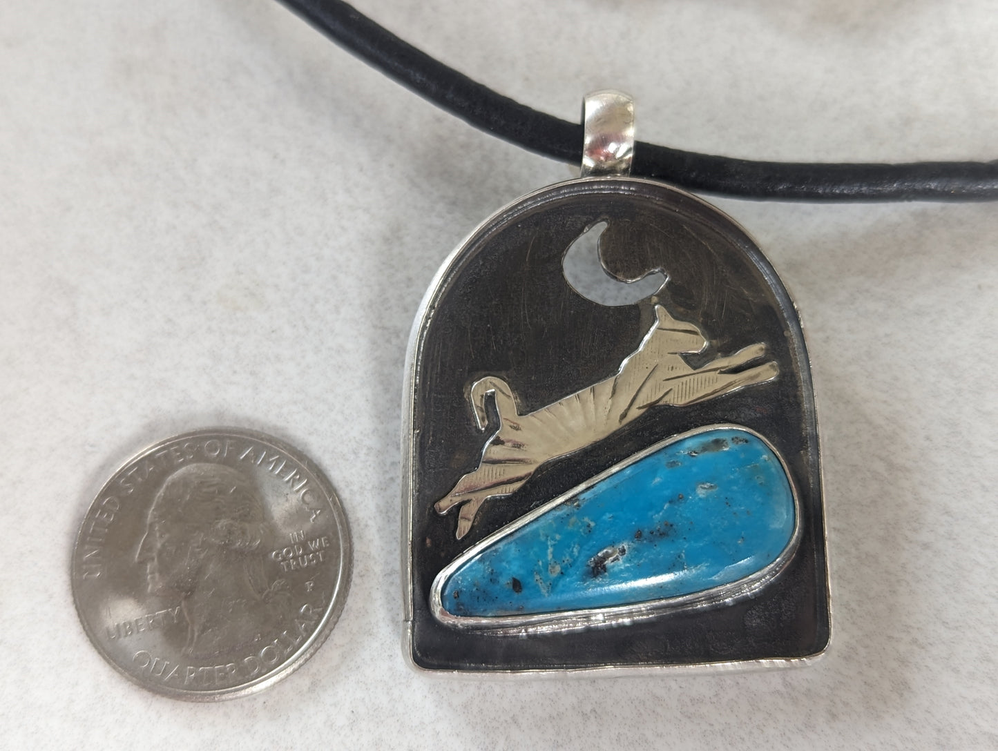 Leaping Cat Turquoise and Silver Pendant, Artisan Southwest Style Bohemian Pendant