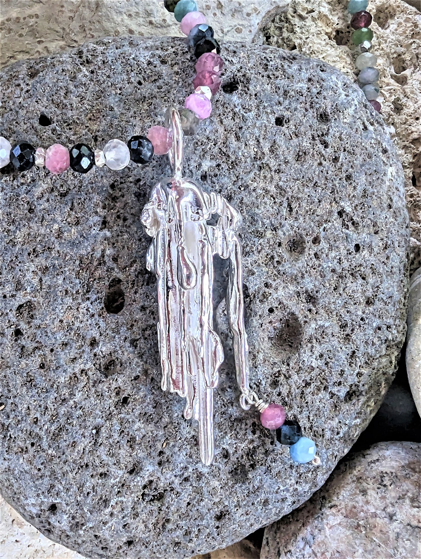 Silver Icicles Pendant on Rainbow Tourmaline Necklace, Artisan Abstract Drippy Silver Bohemian Necklace