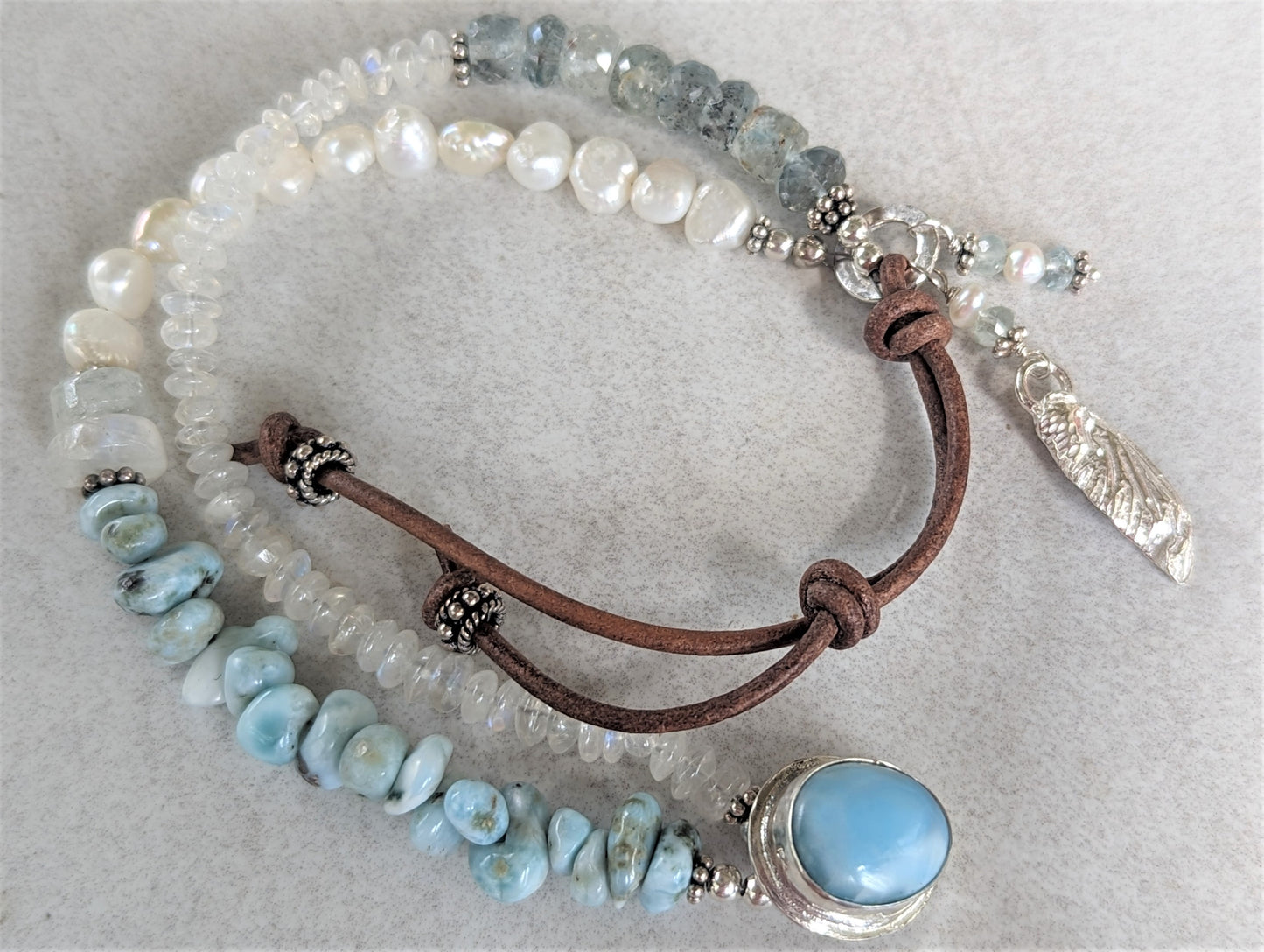 Lovely Larimar, Moonstone, Aquamarine, Pearl, and Silver Dragonfly Wing Bracelet