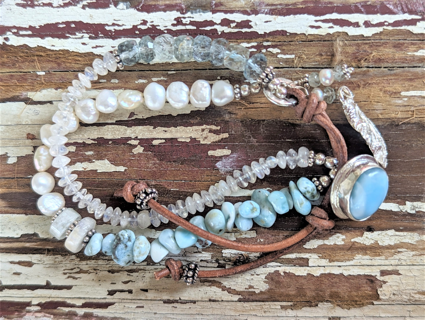 Lovely Larimar, Moonstone, Aquamarine, Pearl, and Silver Dragonfly Wing Bracelet