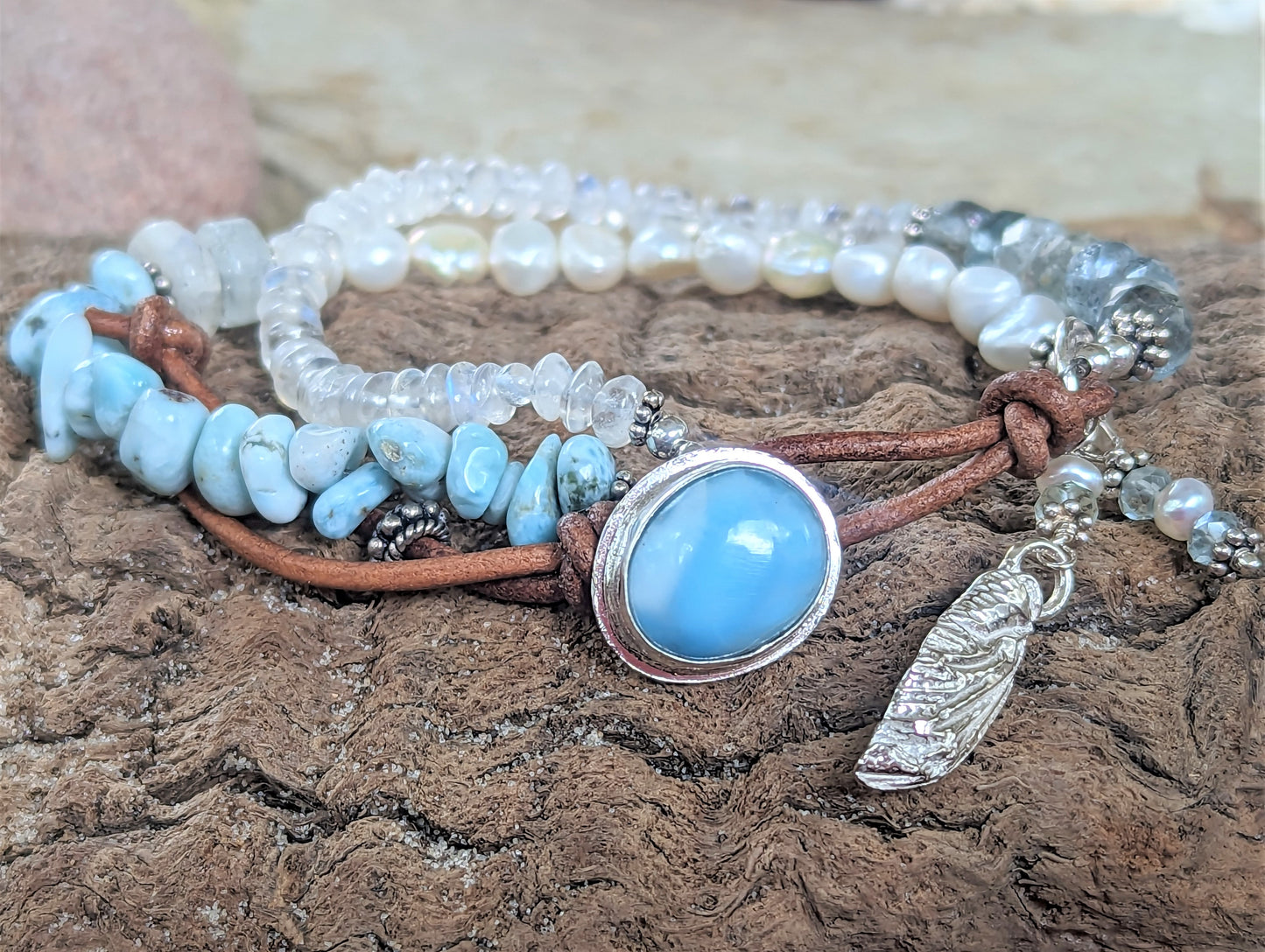 Lovely Larimar, Moonstone, Aquamarine, Pearl, and Silver Dragonfly Wing Bracelet