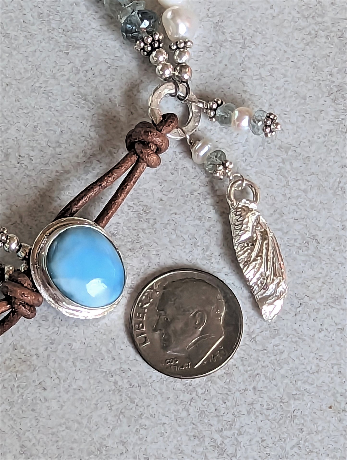 Lovely Larimar, Moonstone, Aquamarine, Pearl, and Silver Dragonfly Wing Bracelet