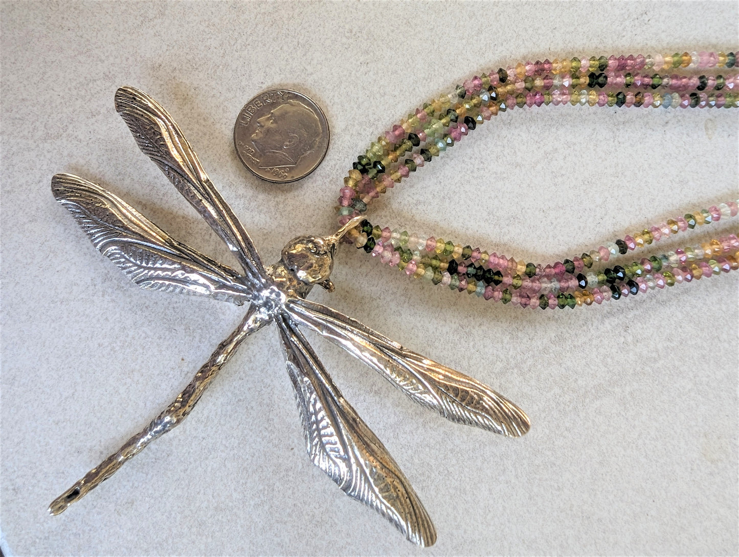 Statement Real Silver Dragonfly Pendant on Triple Strand Rainbow Tourmaline Necklace, Eco-Friendly Boho Nature Jewelry