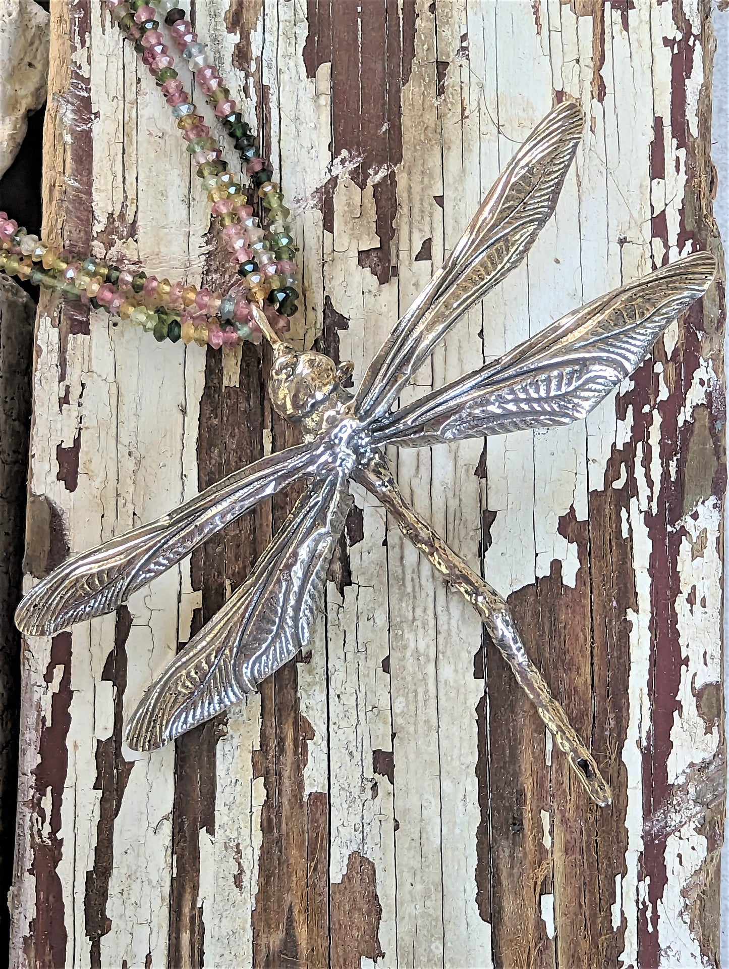 Statement Real Silver Dragonfly Pendant on Triple Strand Rainbow Tourmaline Necklace, Eco-Friendly Boho Nature Jewelry
