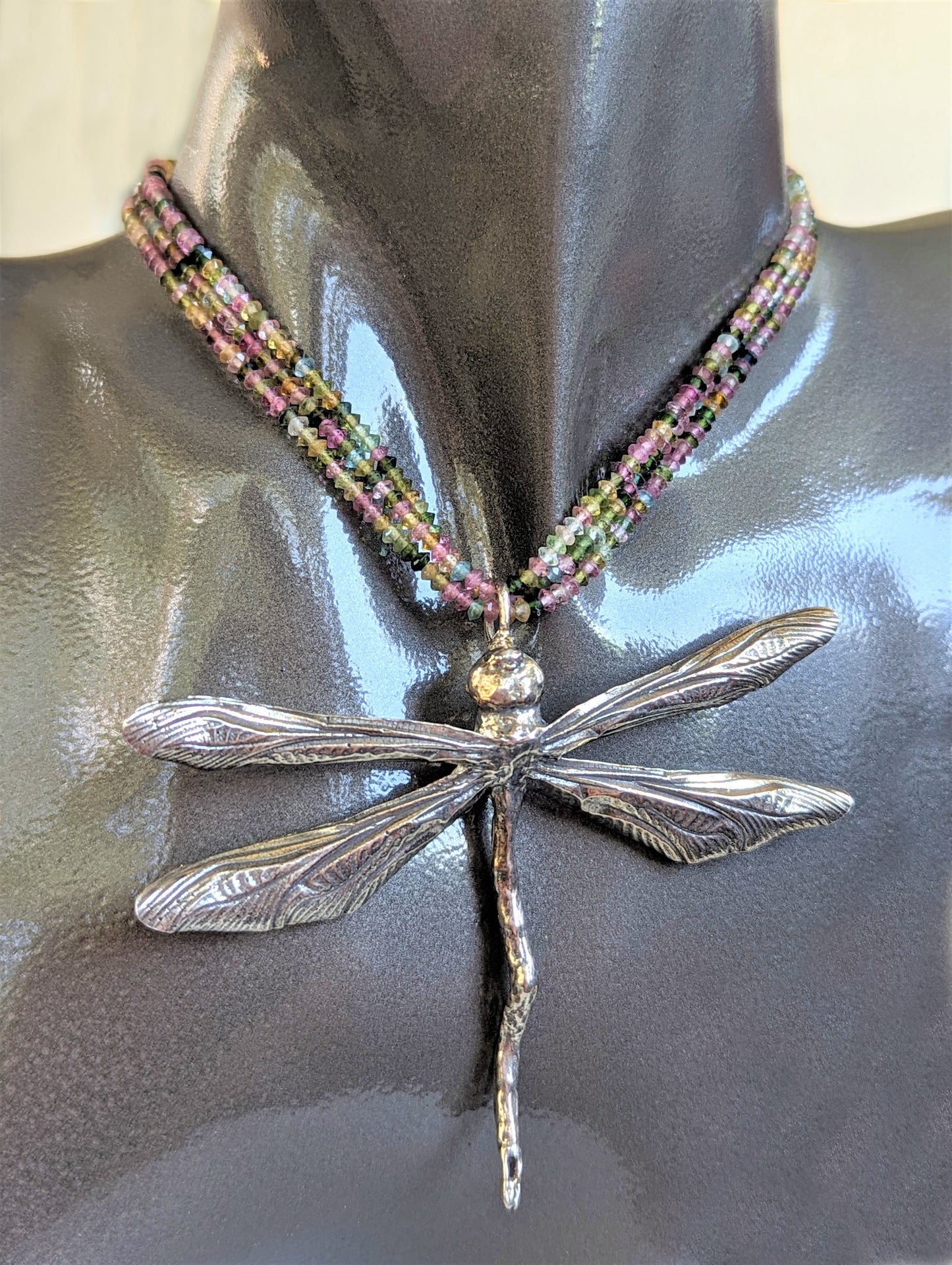 Statement Real Silver Dragonfly Pendant on Triple Strand Rainbow Tourmaline Necklace, Eco-Friendly Boho Nature Jewelry
