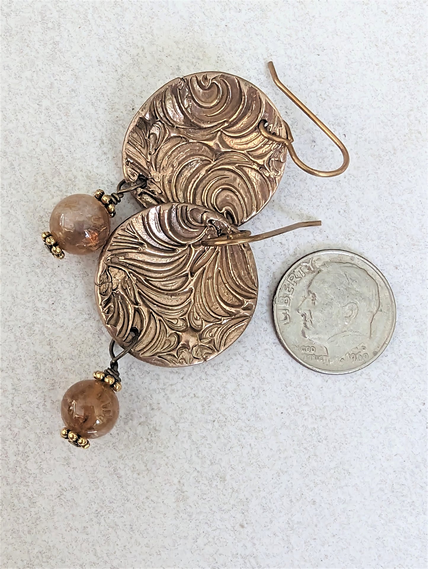 Golden Bronze Round Dangle Earrings, Artisan Bohemian Trendy Eco-Friendly Pierced Gemstone Earrings