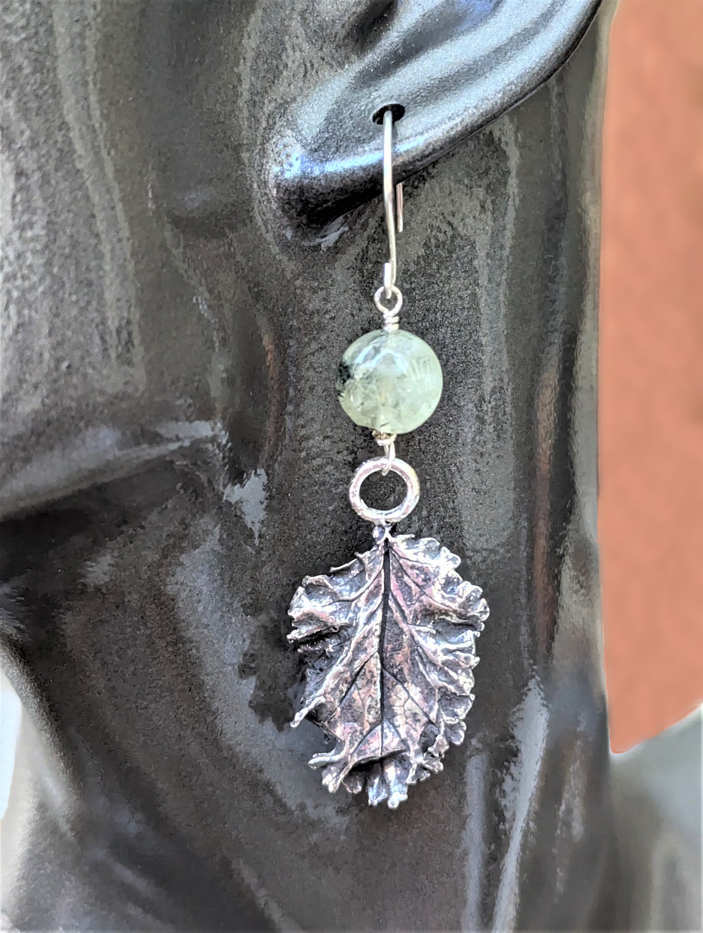 Silver Baby Curly Kale Leaf with Moss Agate Dangle Earrings