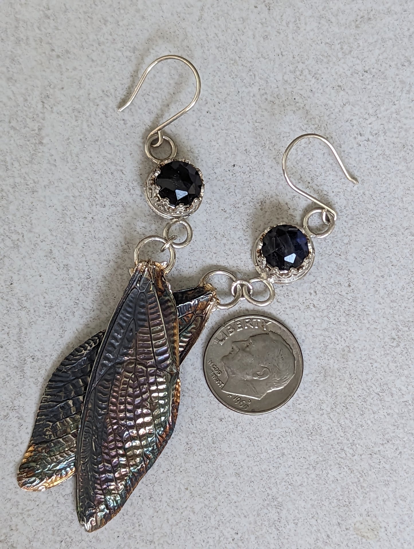 Silver Cicada Wing Long Dangle Pierced Earrings with Blue Labradorite, Eco-Friendly Bohemian