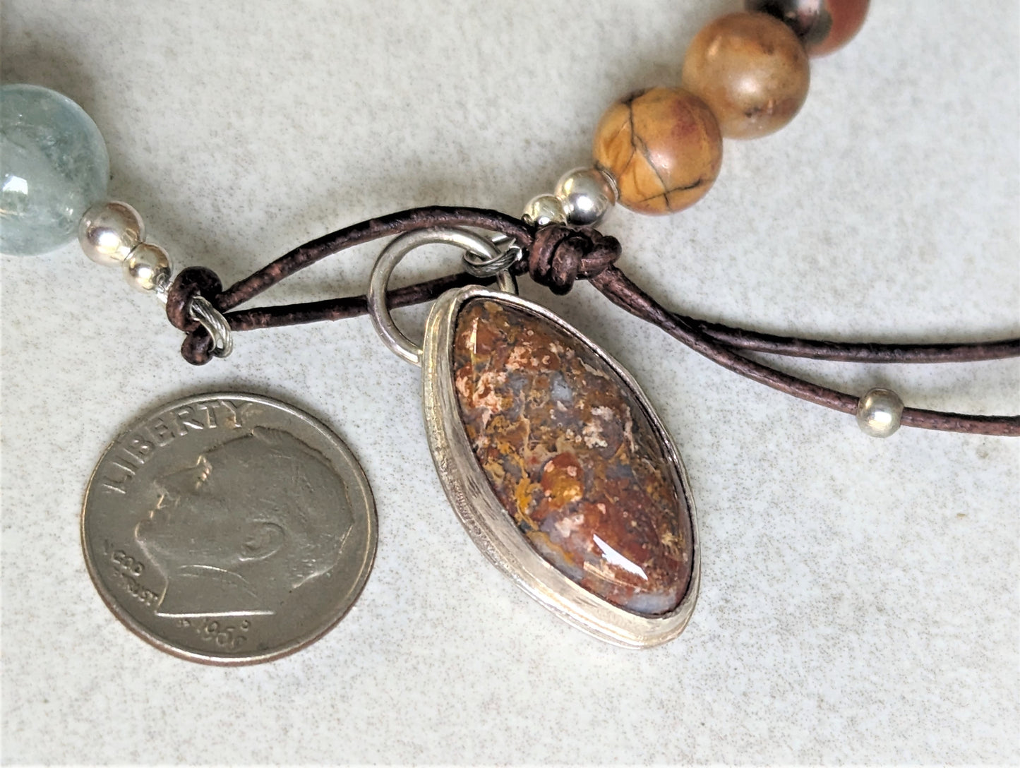 Bohemian Red Creek Jasper Bracelet with Brown Pearls and Aquamarine, and Petrified Palm Button and Leather Closure