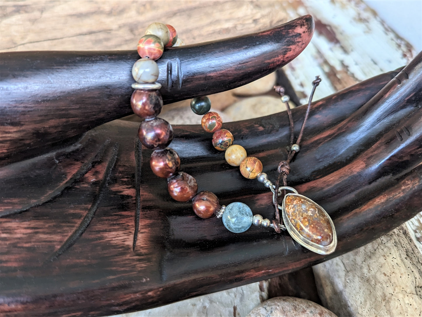Bohemian Red Creek Jasper Bracelet with Brown Pearls and Aquamarine, and Petrified Palm Button and Leather Closure