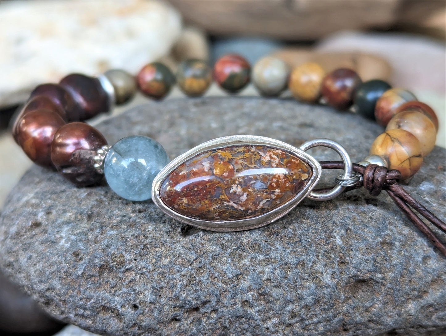 Bohemian Red Creek Jasper Bracelet with Brown Pearls and Aquamarine, and Petrified Palm Button and Leather Closure