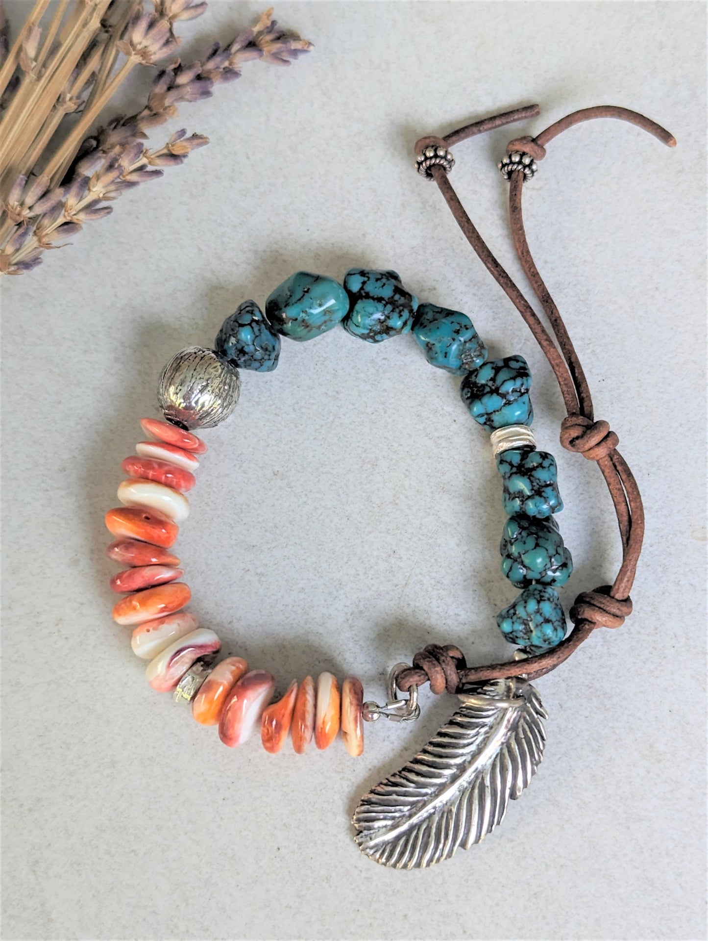 Natural Turquoise Nugget, Spiny Oyster and Silver Bracelet, Eco-Friendly Artisan Southwest Style Unisex