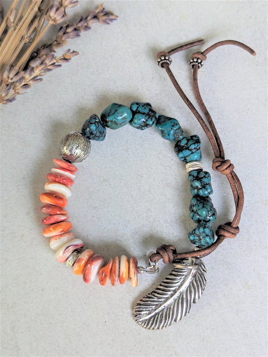 Natural Turquoise Nugget, Spiny Oyster and Silver Bracelet, Eco-Friendly Artisan Southwest Style Unisex