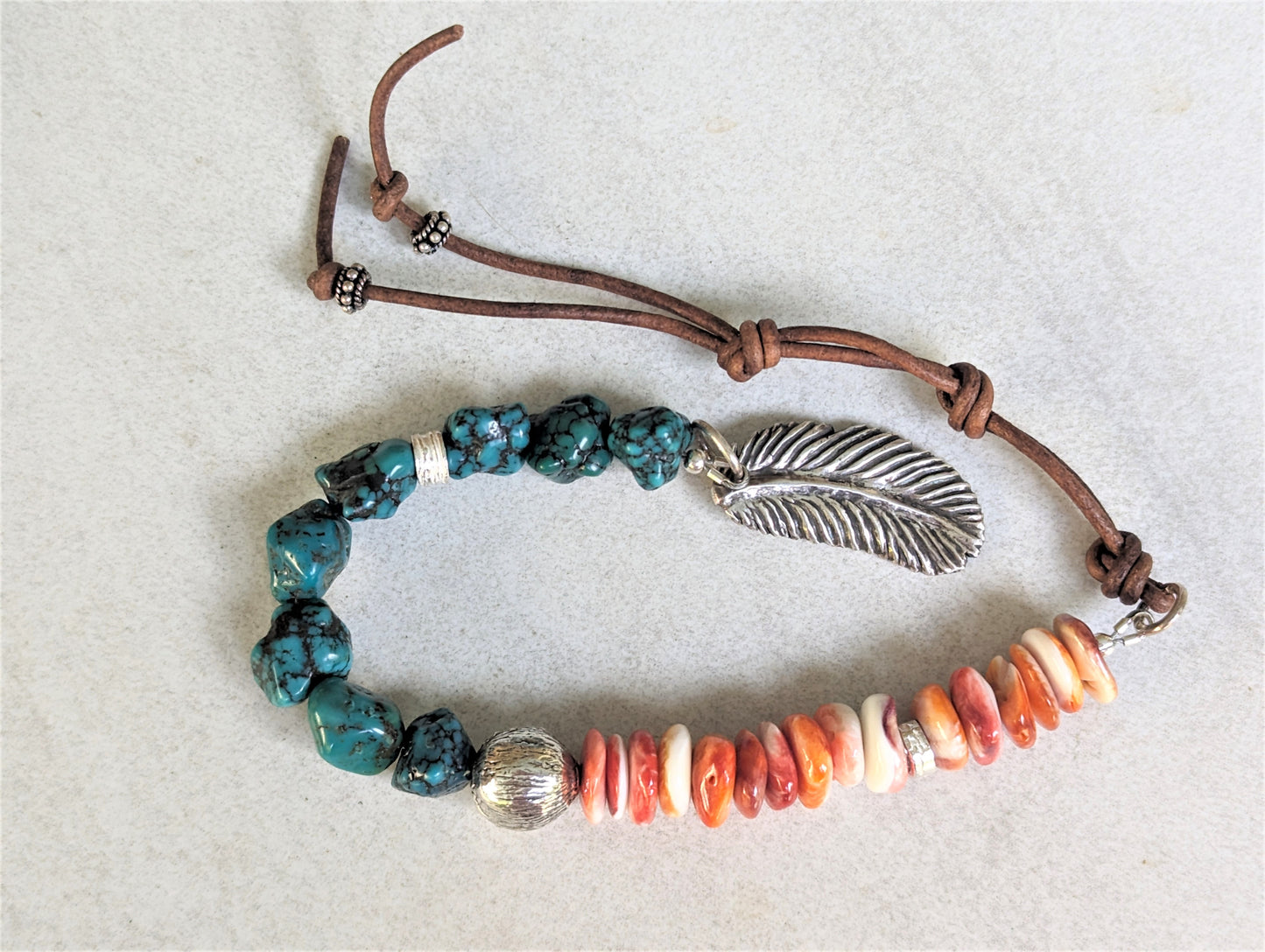 Natural Turquoise Nugget, Spiny Oyster and Silver Bracelet, Eco-Friendly Artisan Southwest Style Unisex