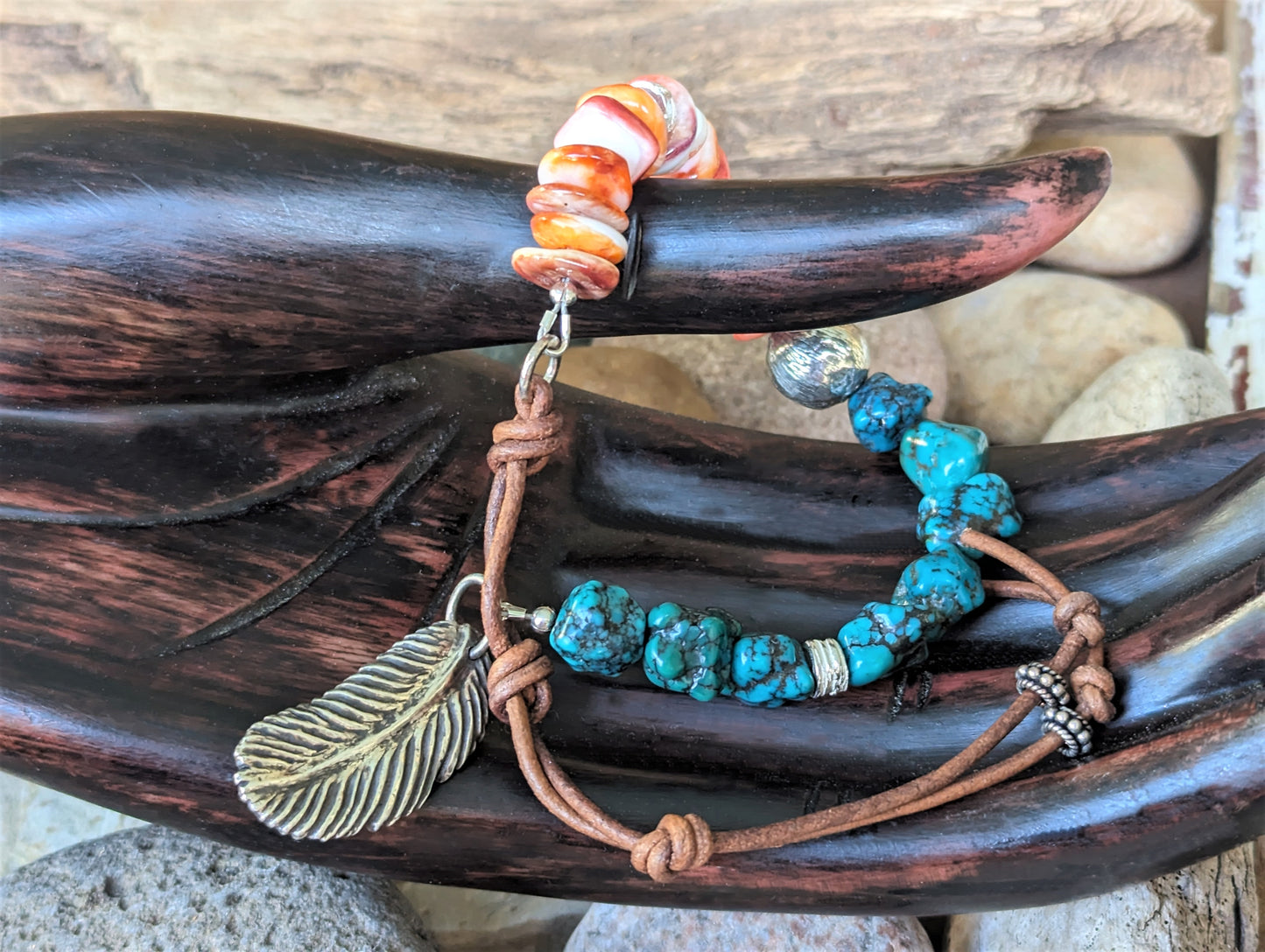 Natural Turquoise Nugget, Spiny Oyster and Silver Bracelet, Eco-Friendly Artisan Southwest Style Unisex