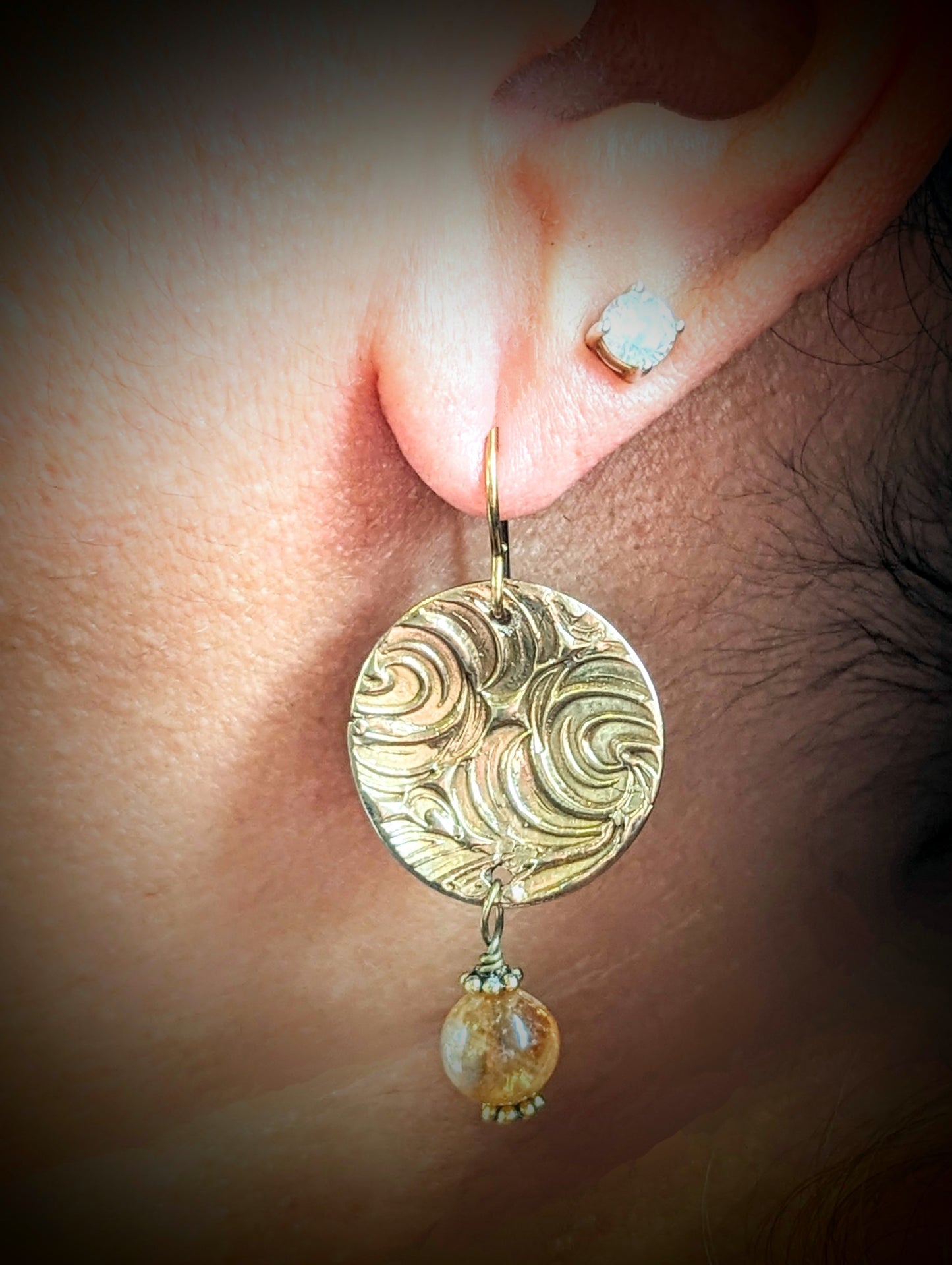 Golden Bronze Round Dangle Earrings, Artisan Bohemian Trendy Eco-Friendly Pierced Gemstone Earrings