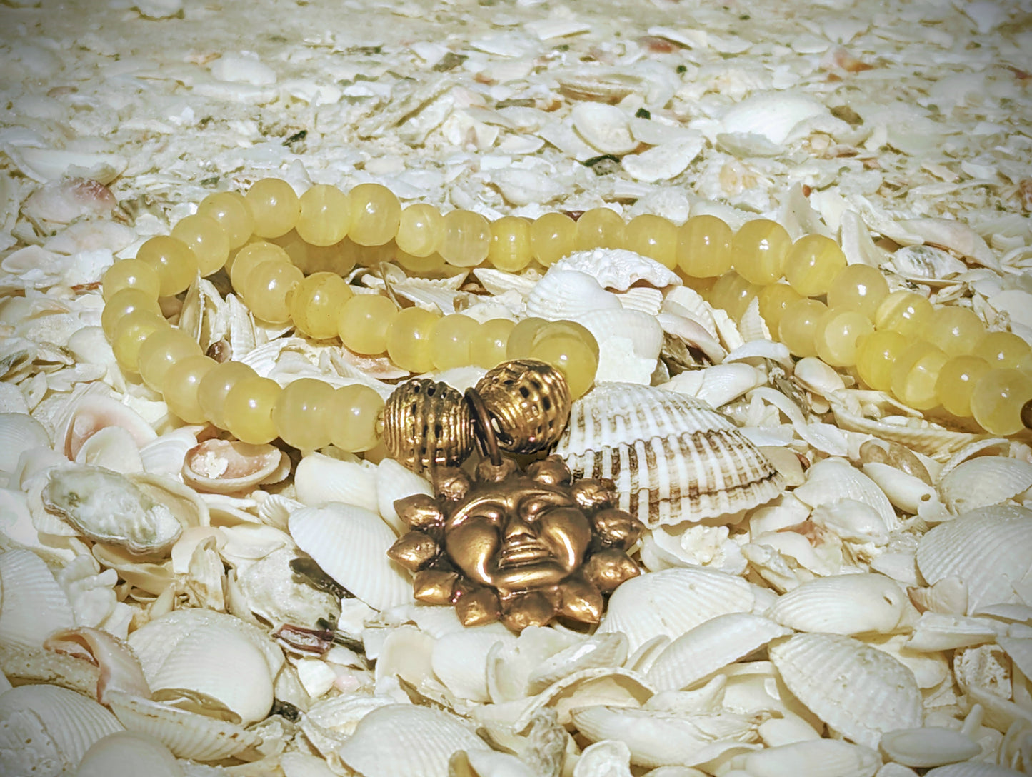Big Bold Bronze Sun Face Pendant on Vintage Yellow Alabaster Bead Necklace, Bohemian Artisan Statement Necklace