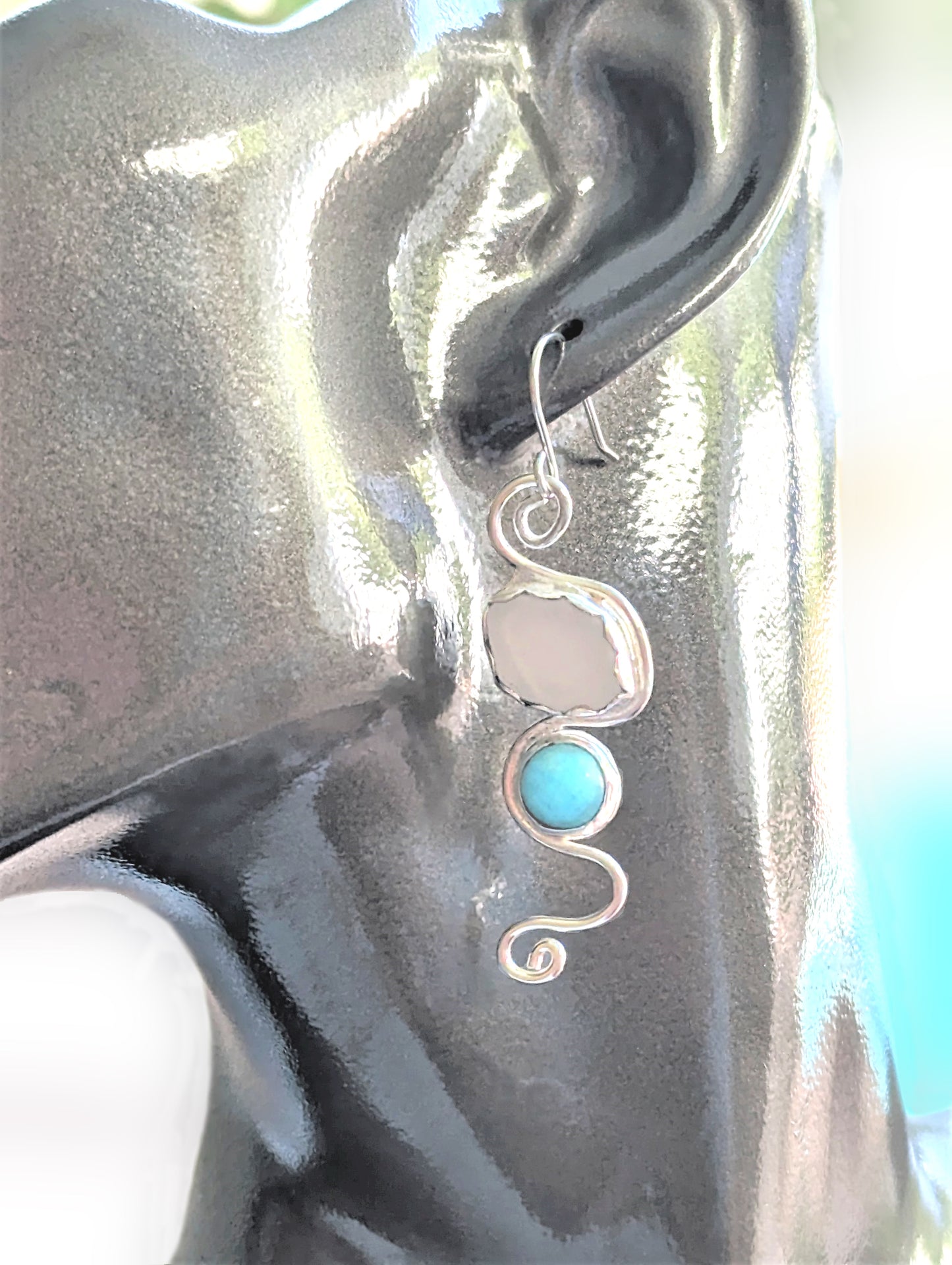 Dramatic Swirly White Beach Glass and Amazonite in Silver Long Dangle Earrings