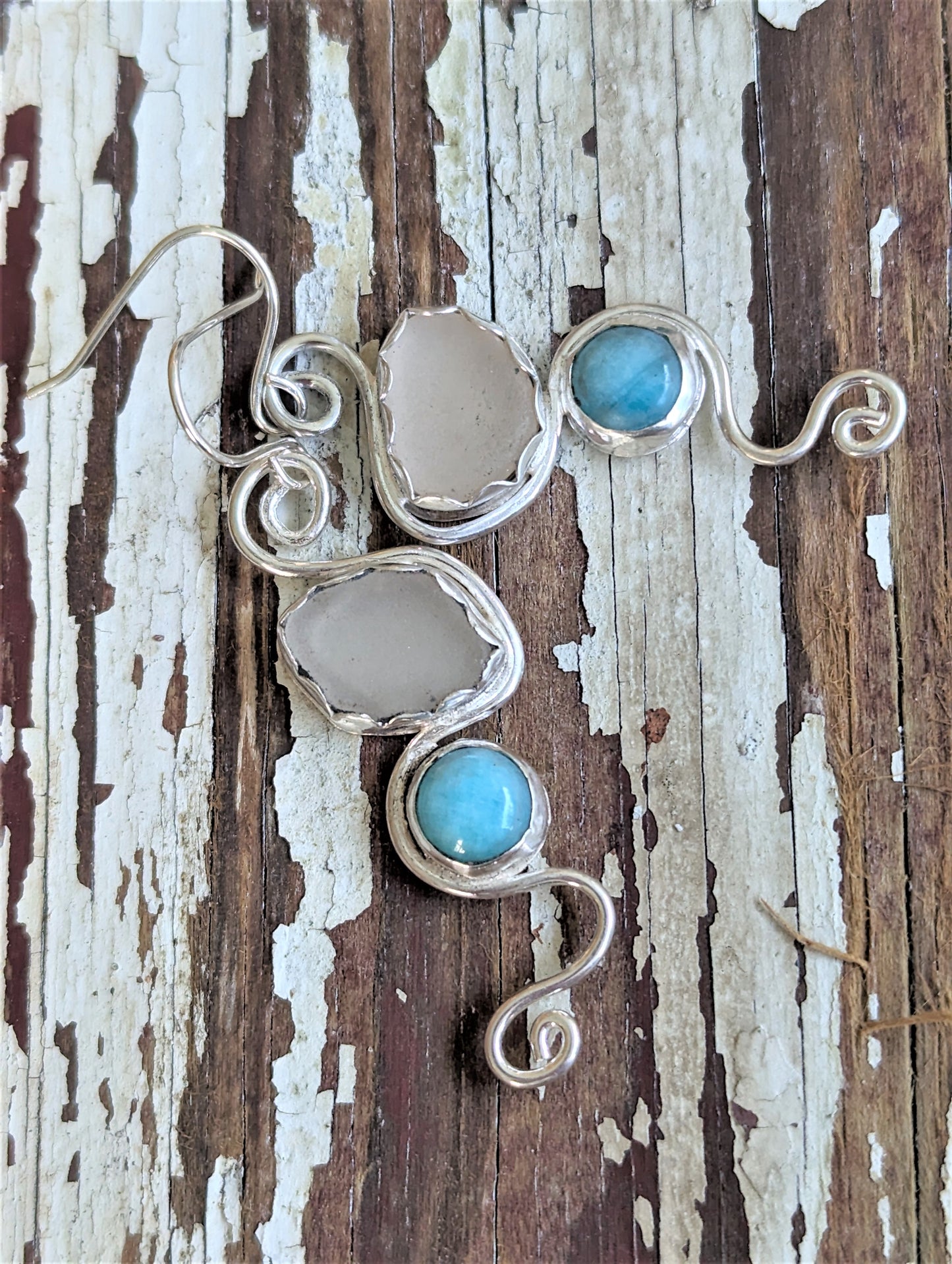 Dramatic Swirly White Beach Glass and Amazonite in Silver Long Dangle Earrings