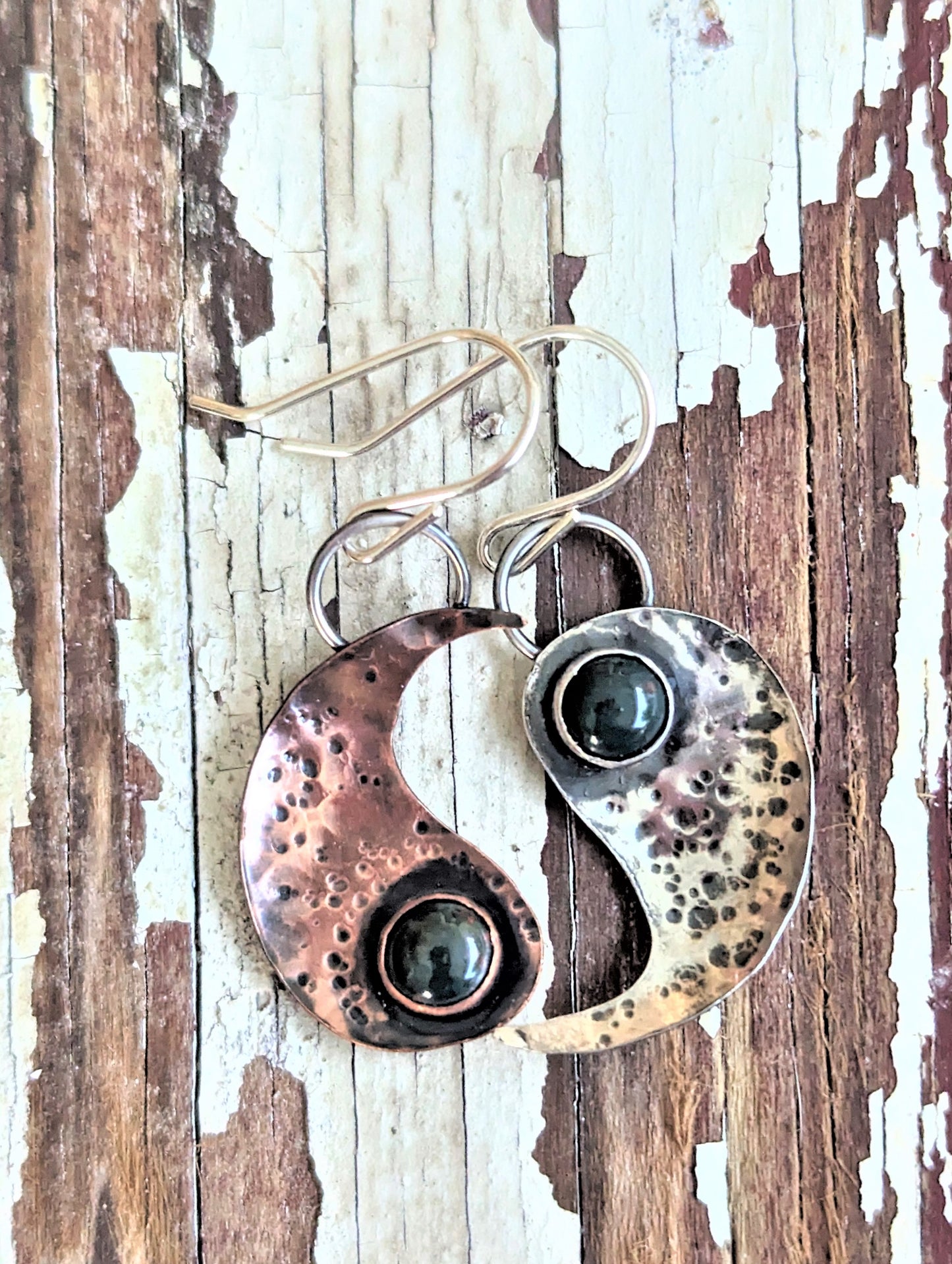 Yin Yang Copper and Silver Dangle Earrings, Artisan Boho Mixed Metal Pierced Earrings