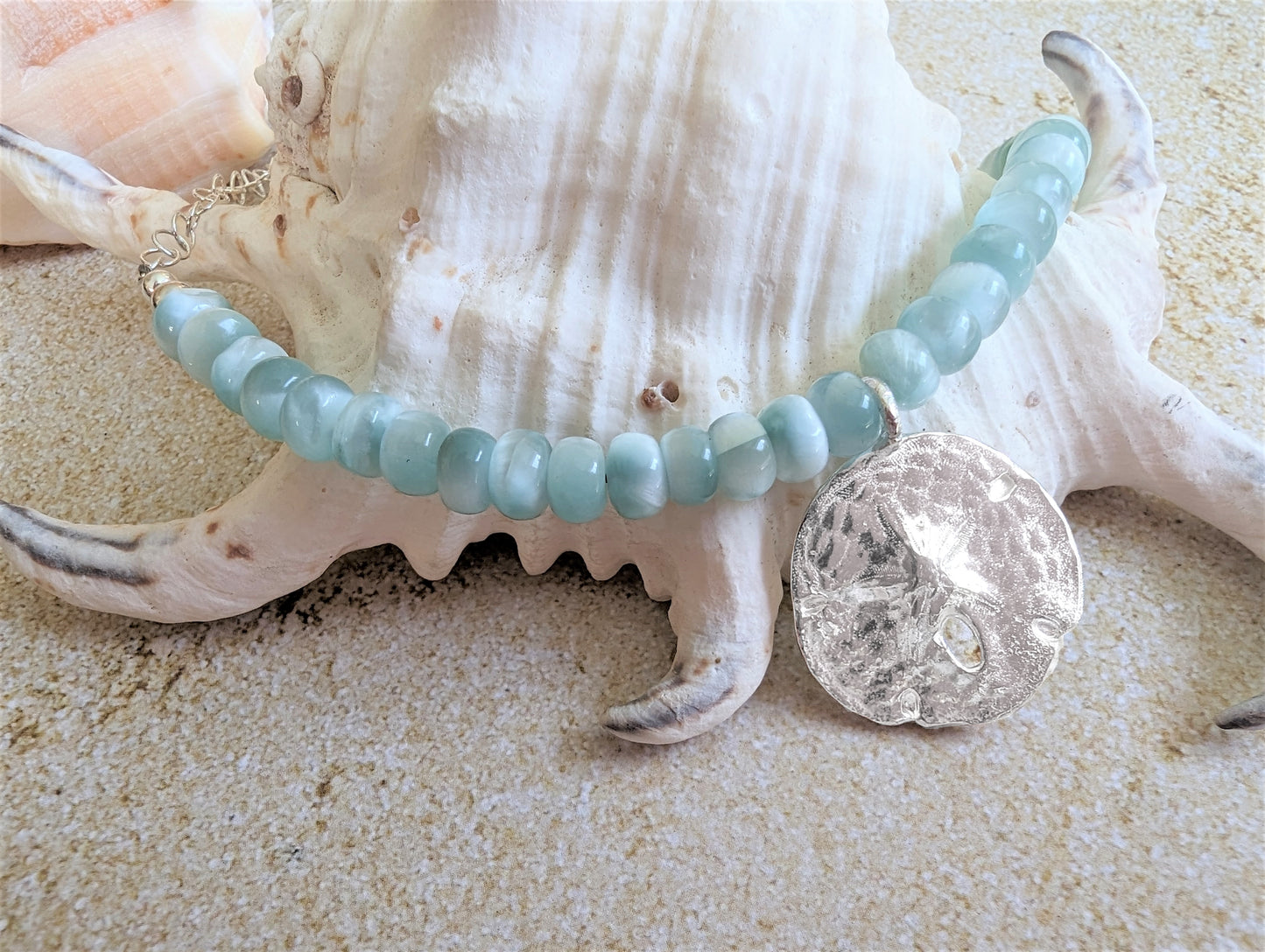 Charming Silver Sand Dollar on Green Moonstone Necklace, Artisan Eco-Friendly Bohemian Beach Jewelry