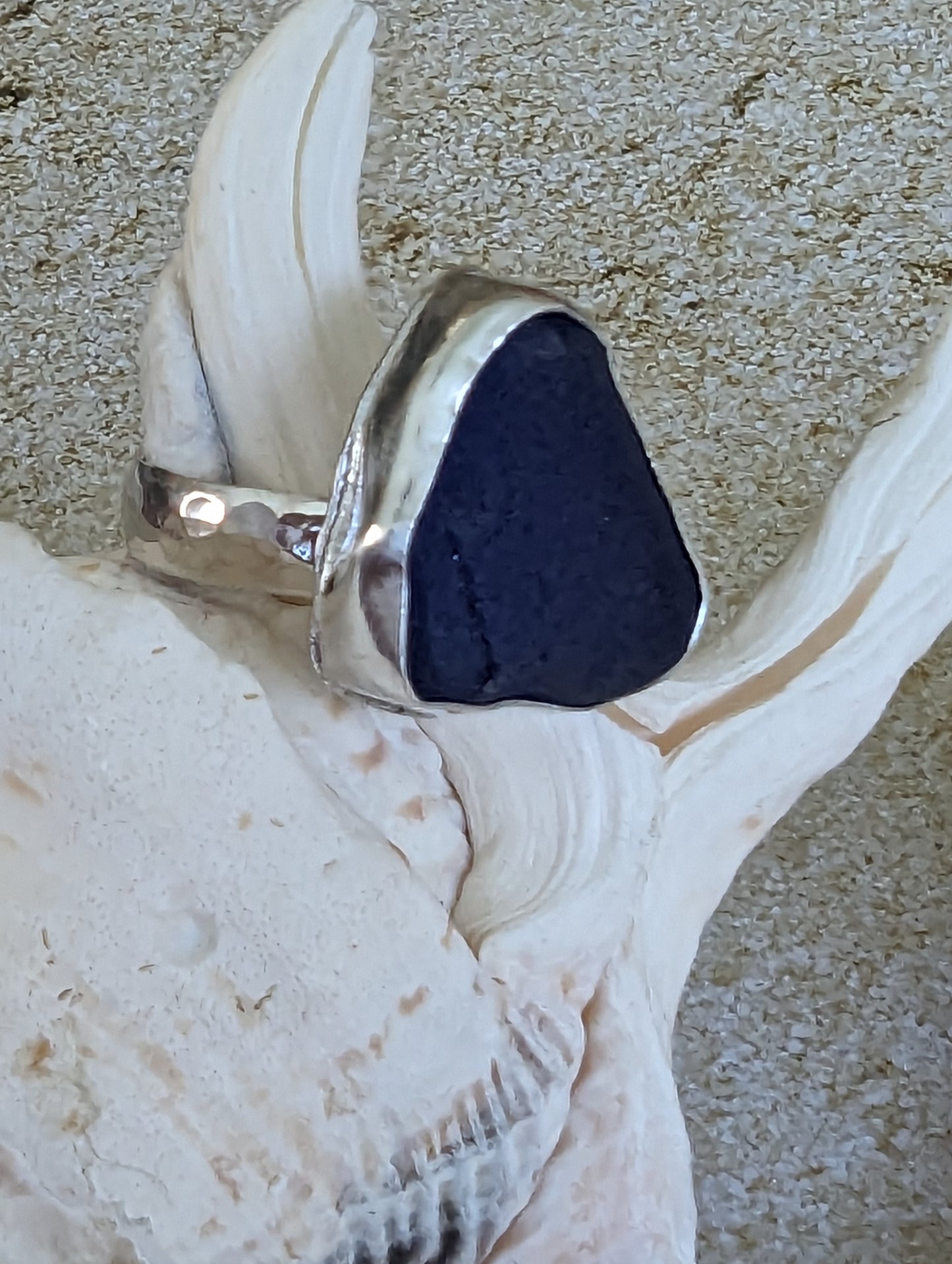 Deep Blue Sea Glass in Sterling Silver Ring, Boho Artisan Beach Glass Ring