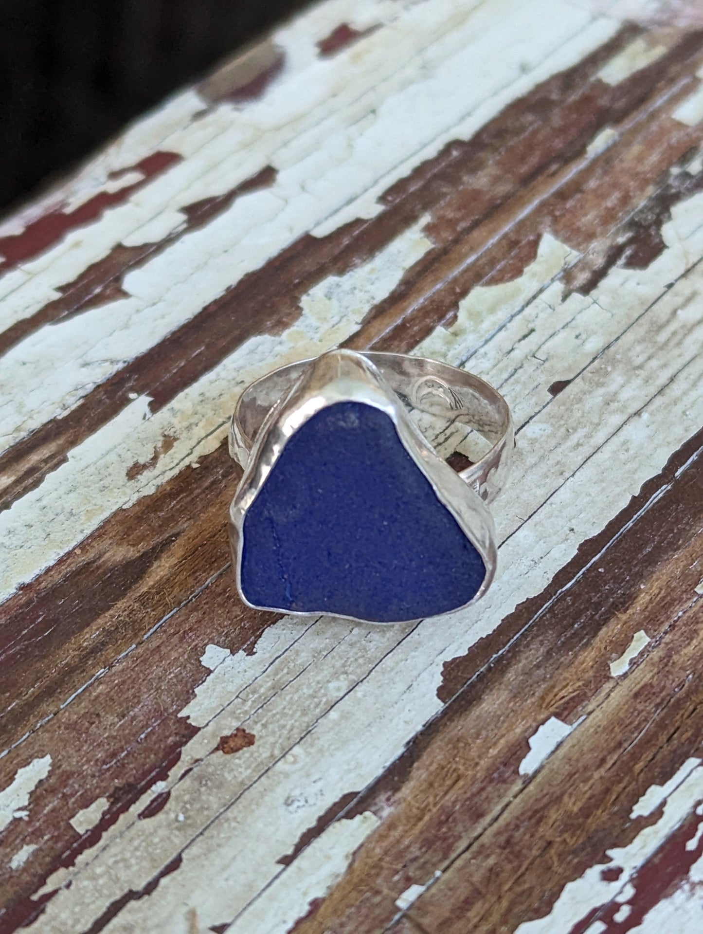 Deep Blue Sea Glass in Sterling Silver Ring, Boho Artisan Beach Glass Ring