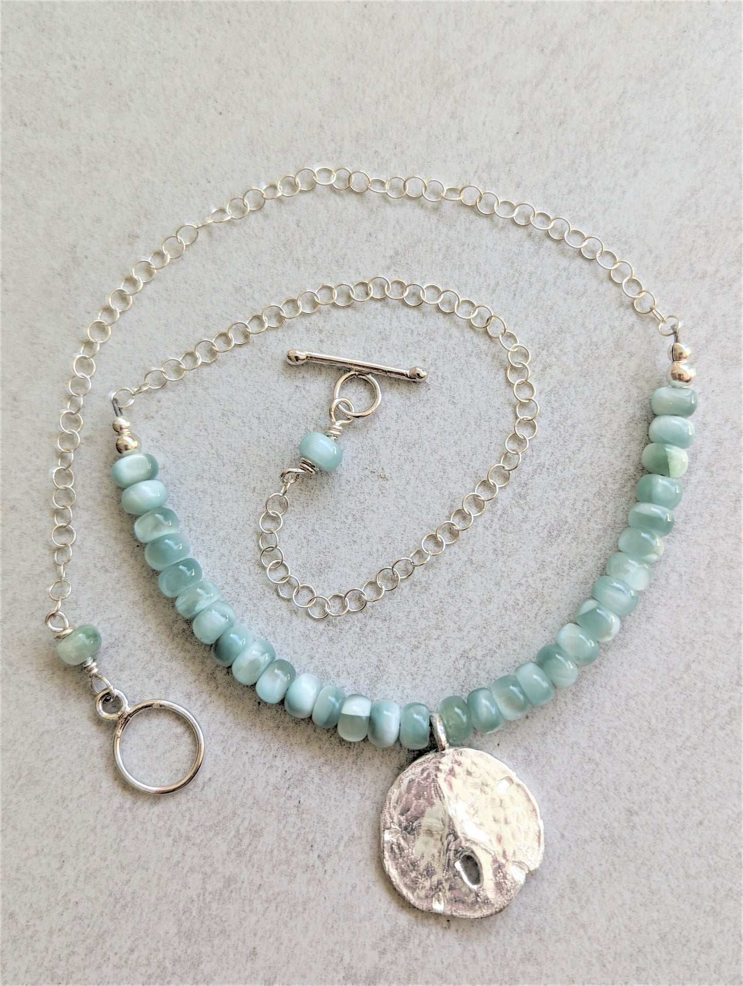 Charming Silver Sand Dollar on Green Moonstone Necklace, Artisan Eco-Friendly Bohemian Beach Jewelry