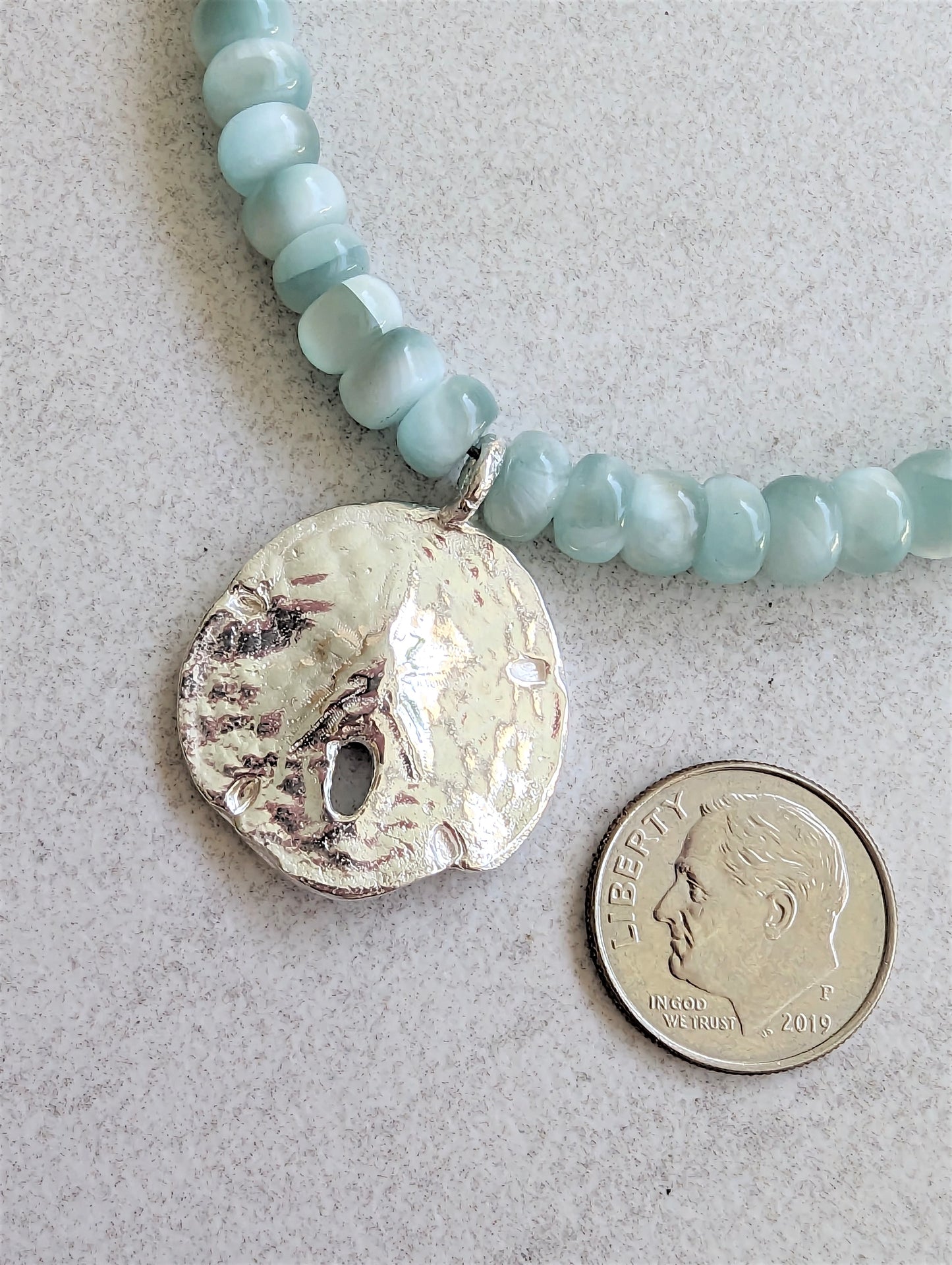 Charming Silver Sand Dollar on Green Moonstone Necklace, Artisan Eco-Friendly Bohemian Beach Jewelry